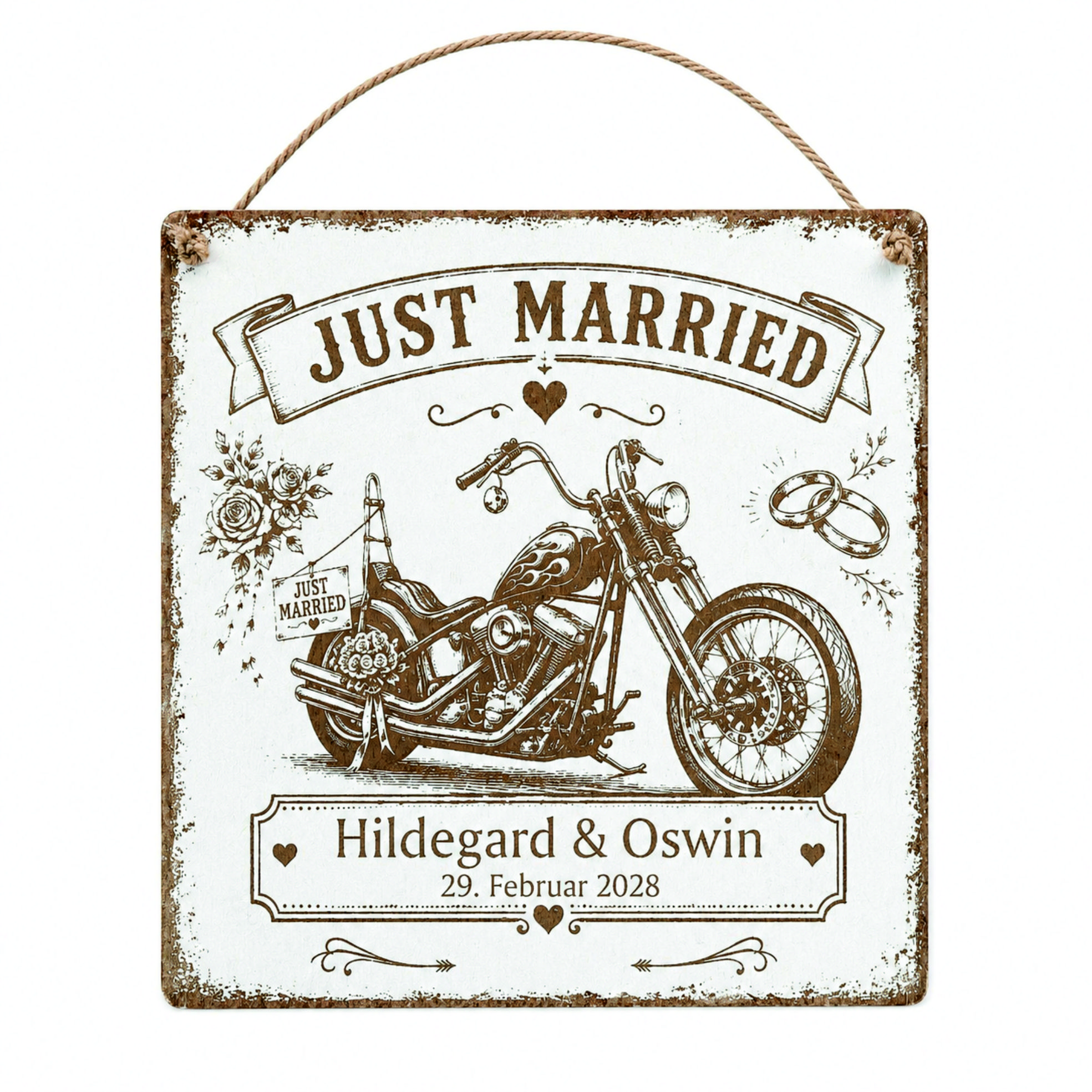 Personalisiertes Hochzeitsschild Biker Hochzeit Just Married - mit Namen und Datum - 15x15 cm