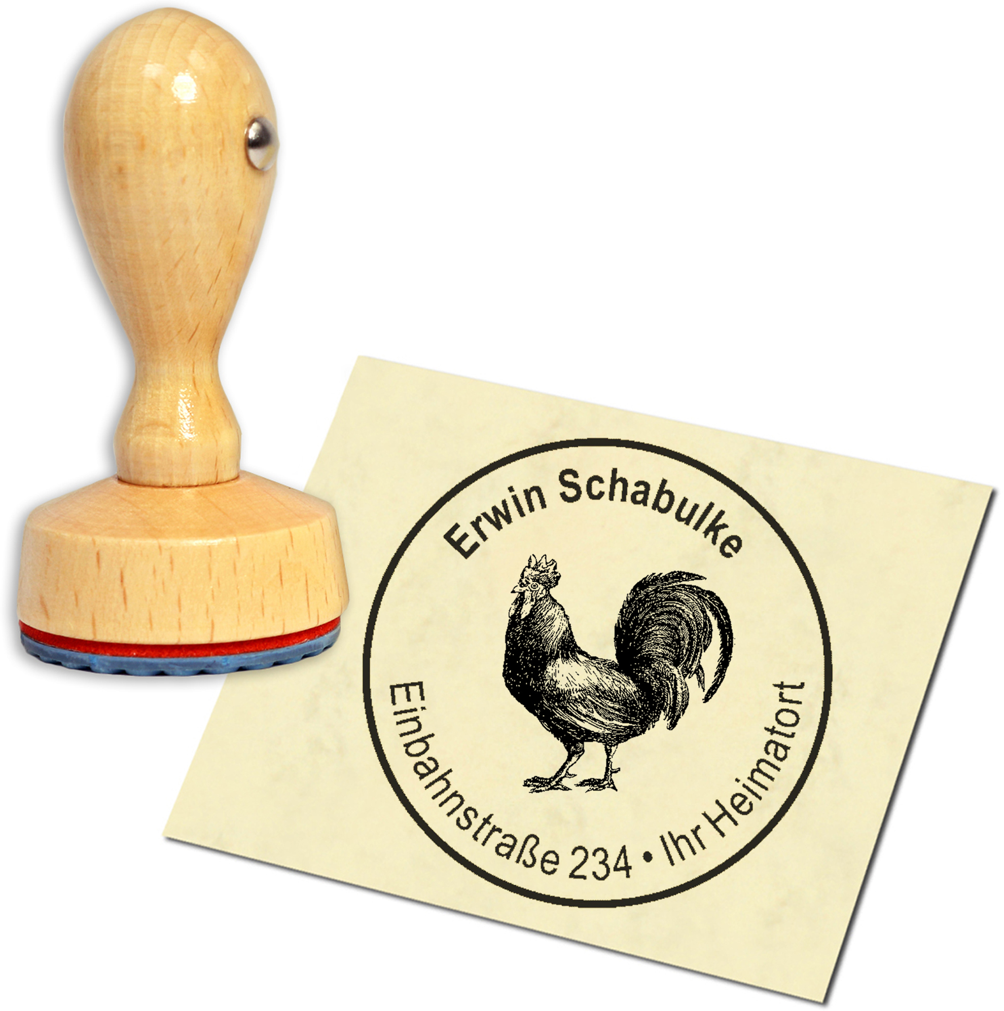 Stempel Adressstempel Holzstempel - Hahn - rund 40mm