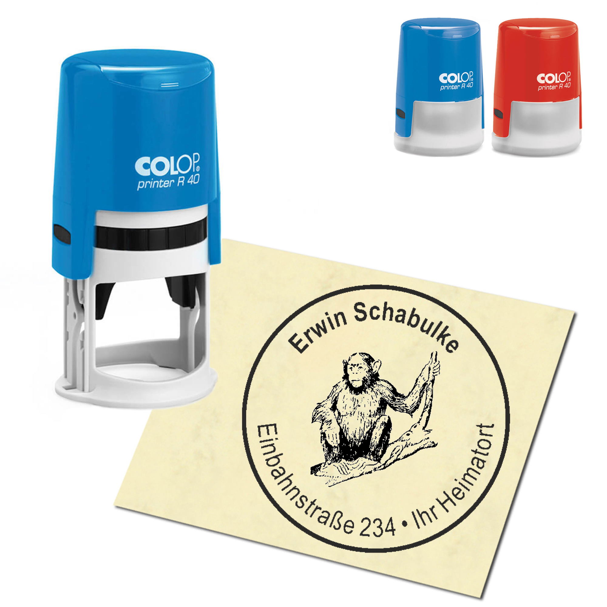 Stempel Adressstempel personalisiert - Affe auf Ast - rund &empty; 40mm