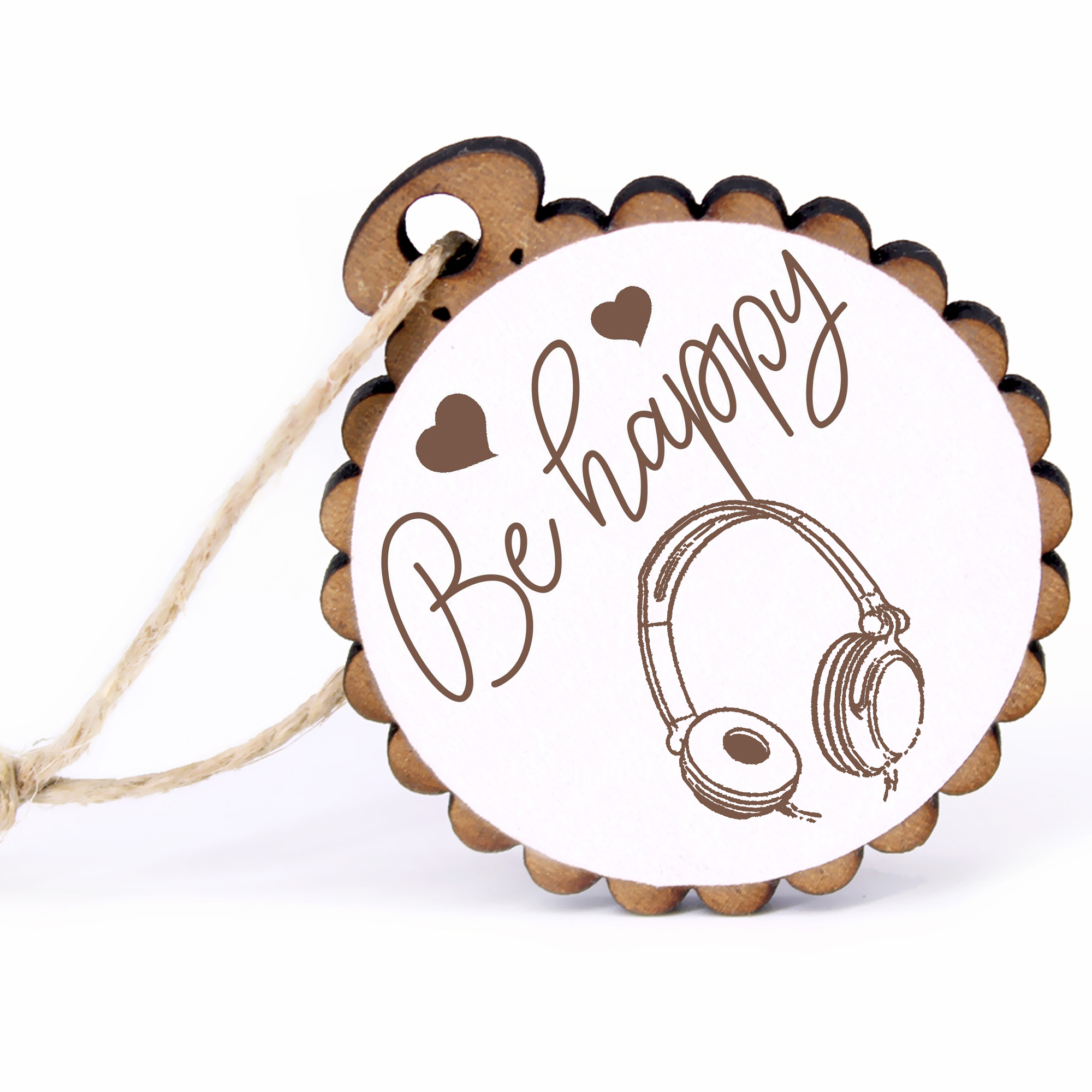 Geschenkanhänger - Be Happy Kopfhörer -  Holz Ø-5cm - mit Juteband