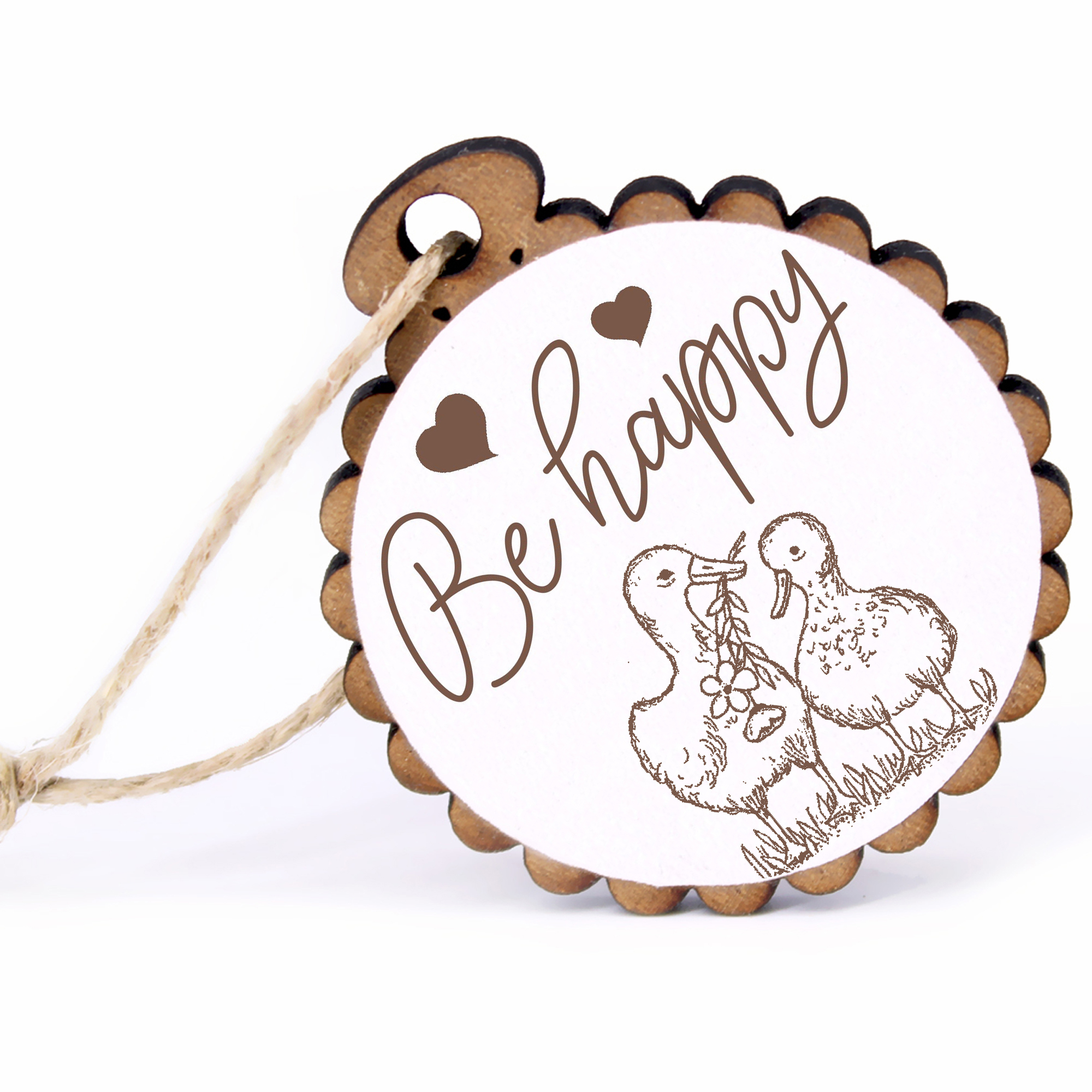 Geschenkanhänger - Be Happy Entenpaar -  Holz Ø-5cm - mit Juteband