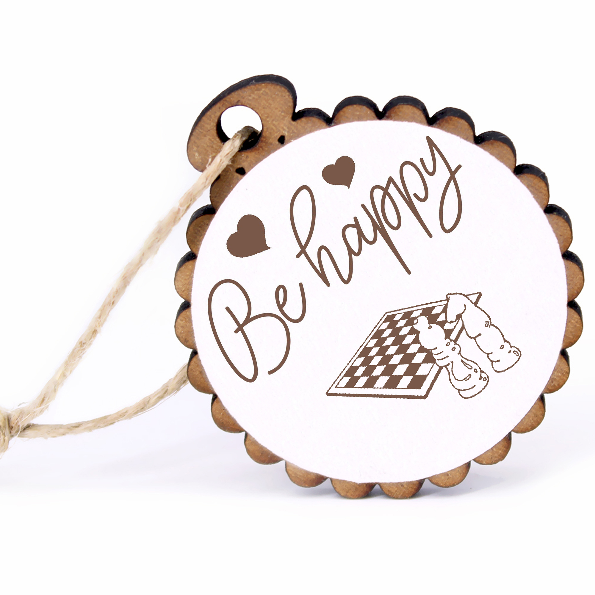 Geschenkanhänger - Be Happy Schach -  Holz Ø-5cm - mit Juteband