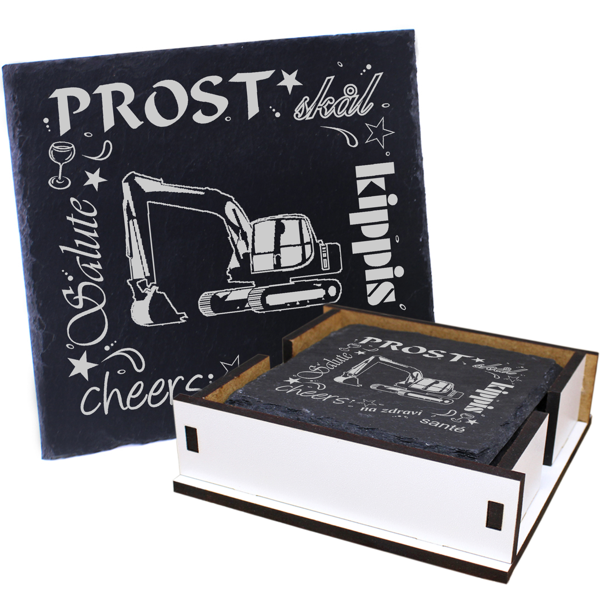 5 x Schiefer Untersetzer - Prost Bagger - inkl. Holzbox & Flaschenuntersetzer