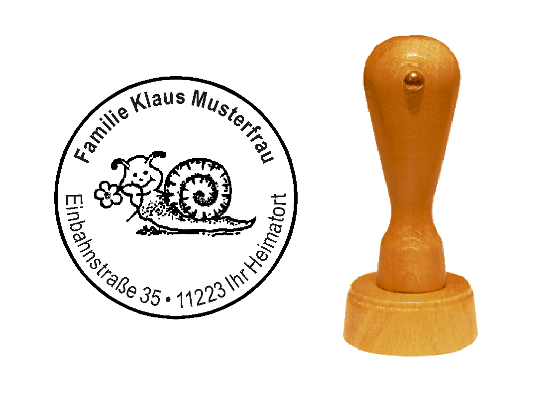 « Schnecke mit Blume » Holzstempel mit persönlichem Wunschtext