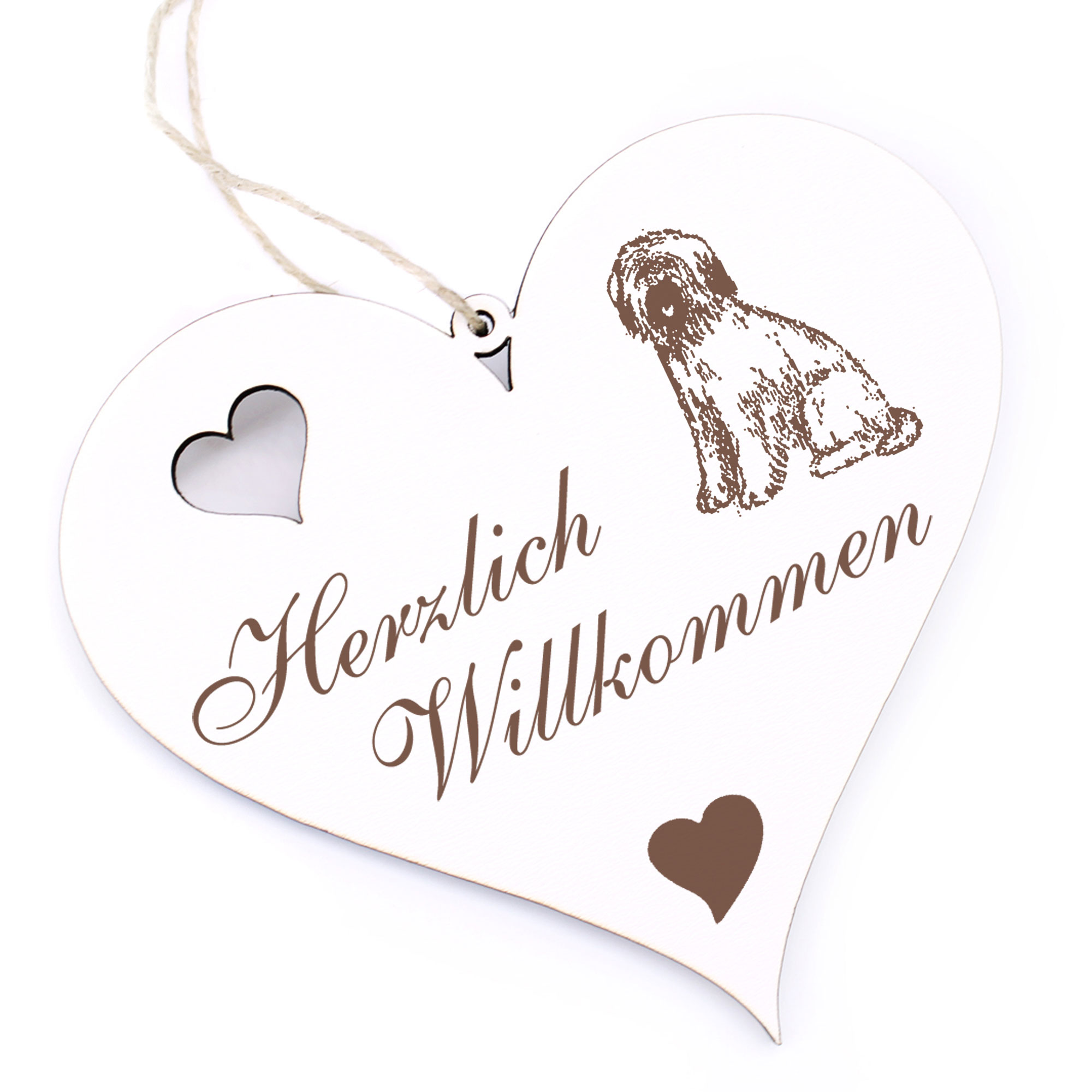 Herzlich Willkommen Schild - Briard Hund - Deko Herz Holz