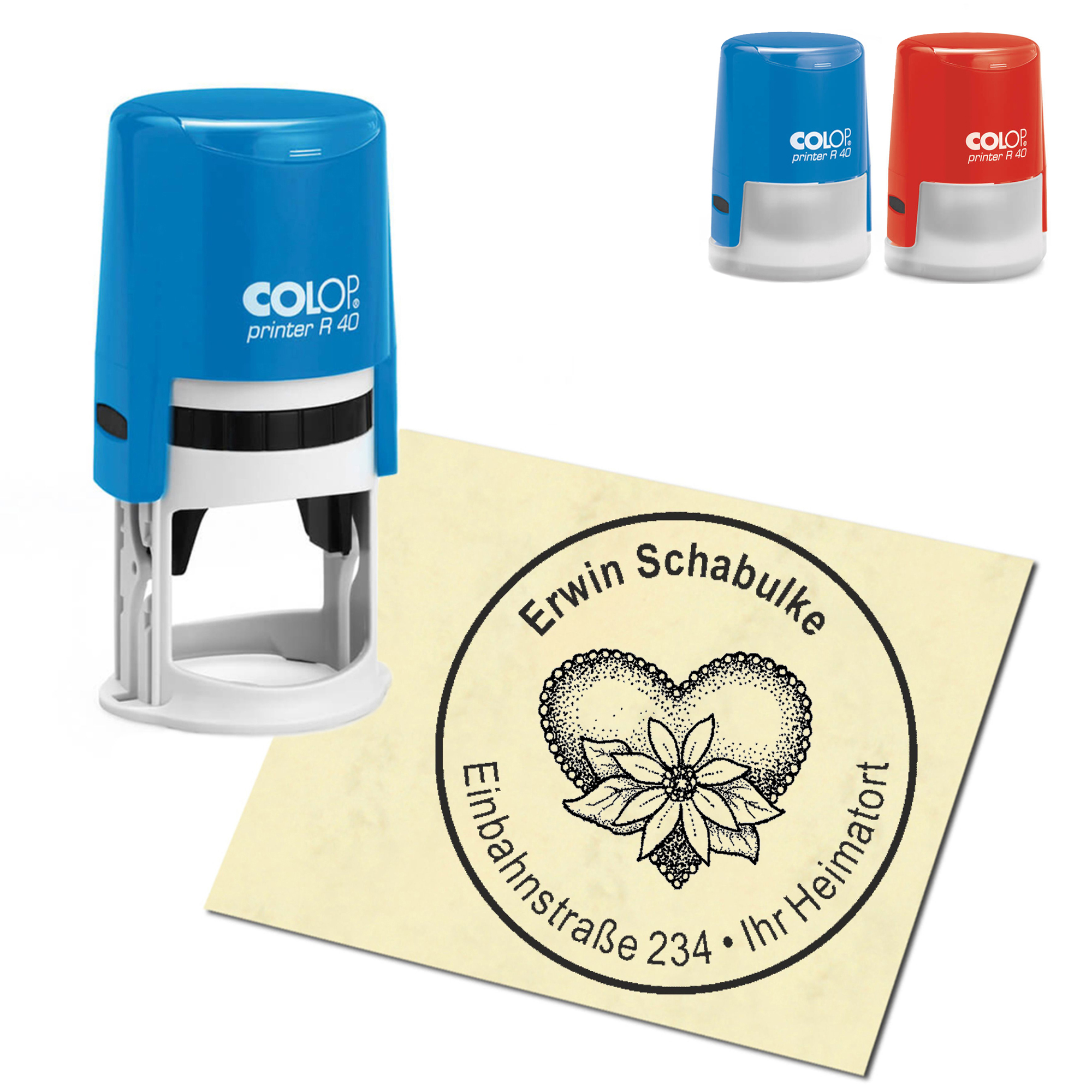 Stempel Adressstempel personalisiert - Herz mit Blume - rund &empty; 40mm