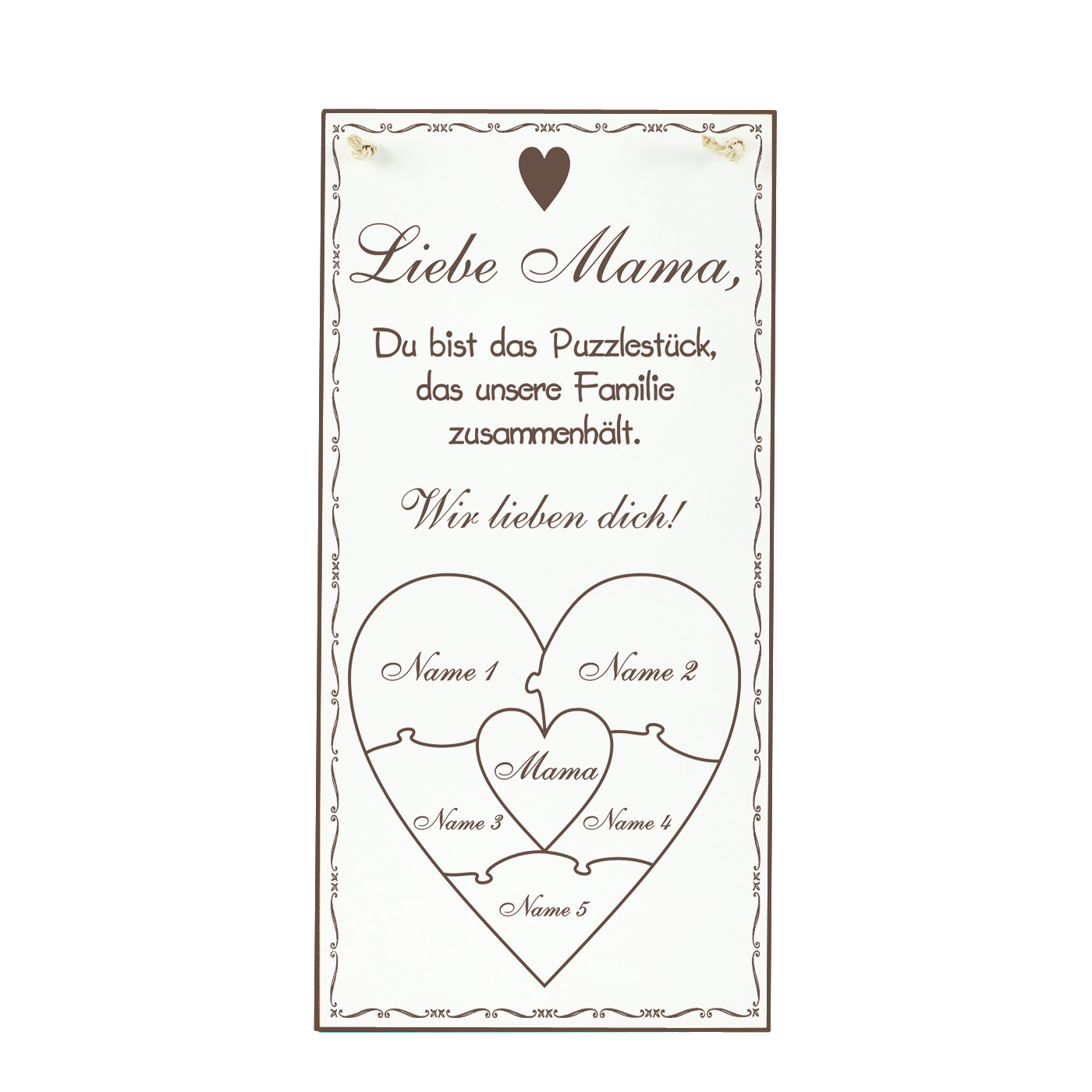 Personalisiertes Holzschild Muttertag - mit 5 Namen der Kinder - Puzzle Herz Motiv 10 x 20 cm