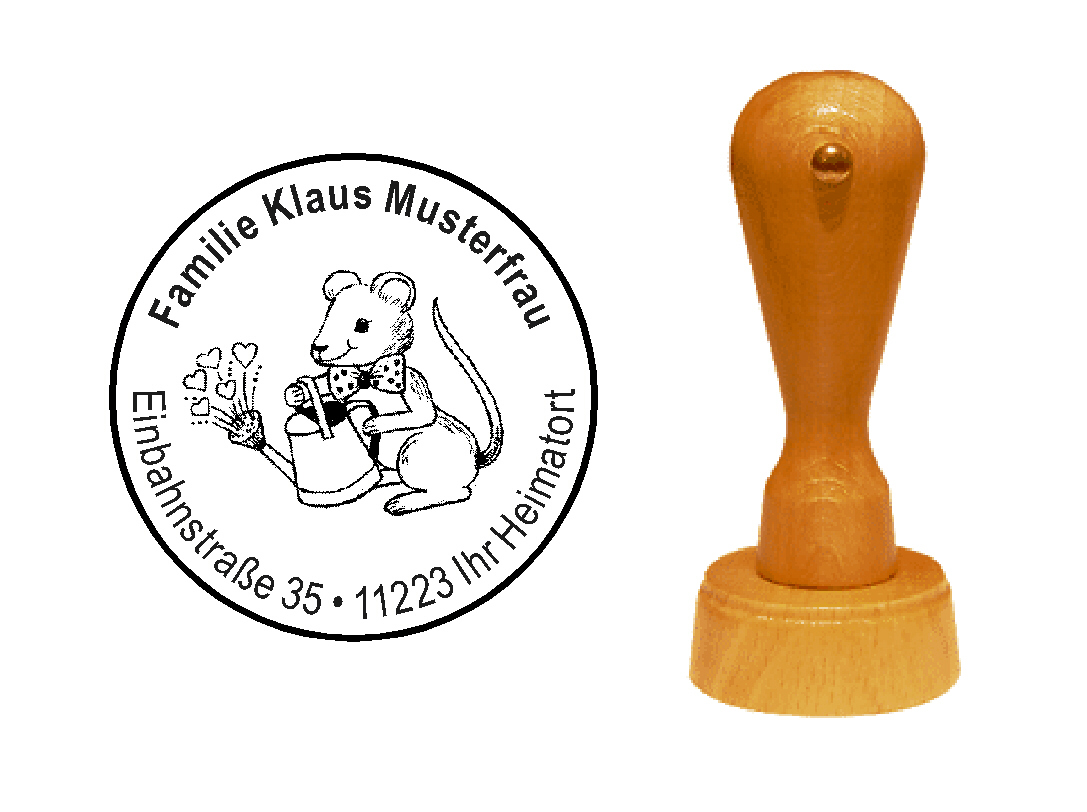 « Maus gießt Herzen » Holzstempel mit persönlichem Wunschtext