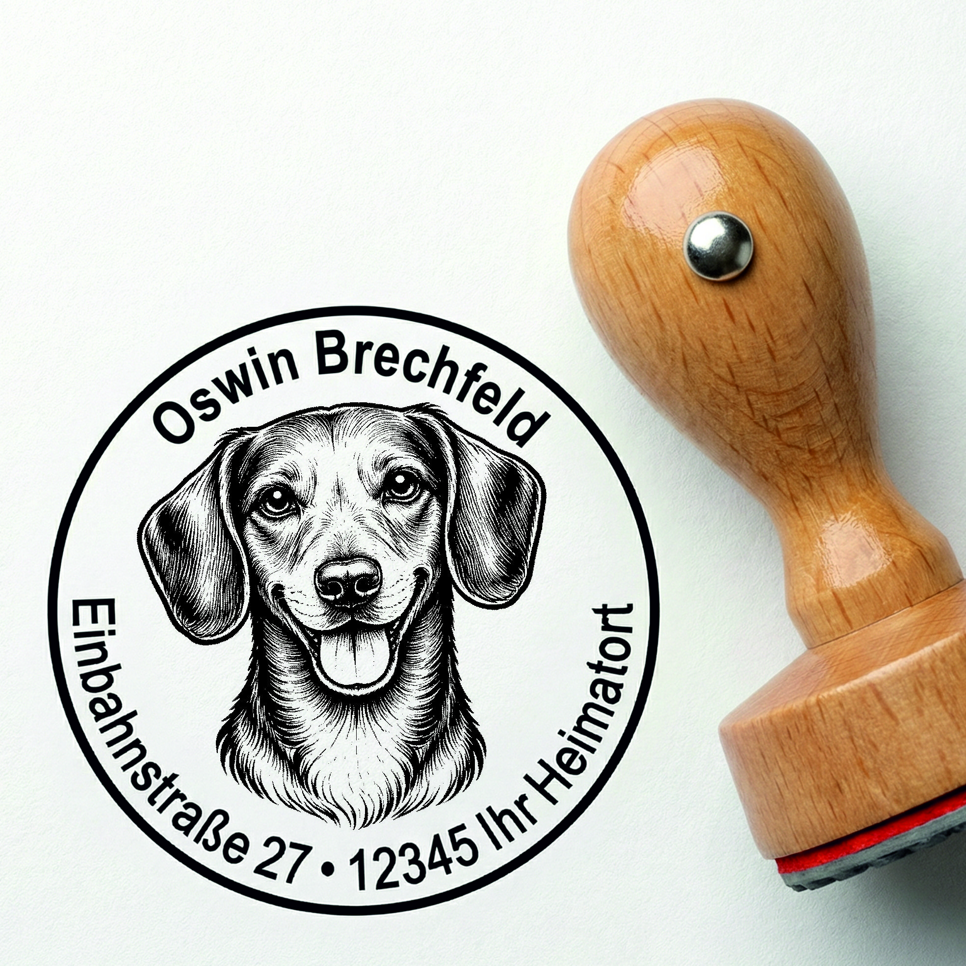 Stempel Dackel personalisiert – Hund Holzstempel mit Name & Adresse