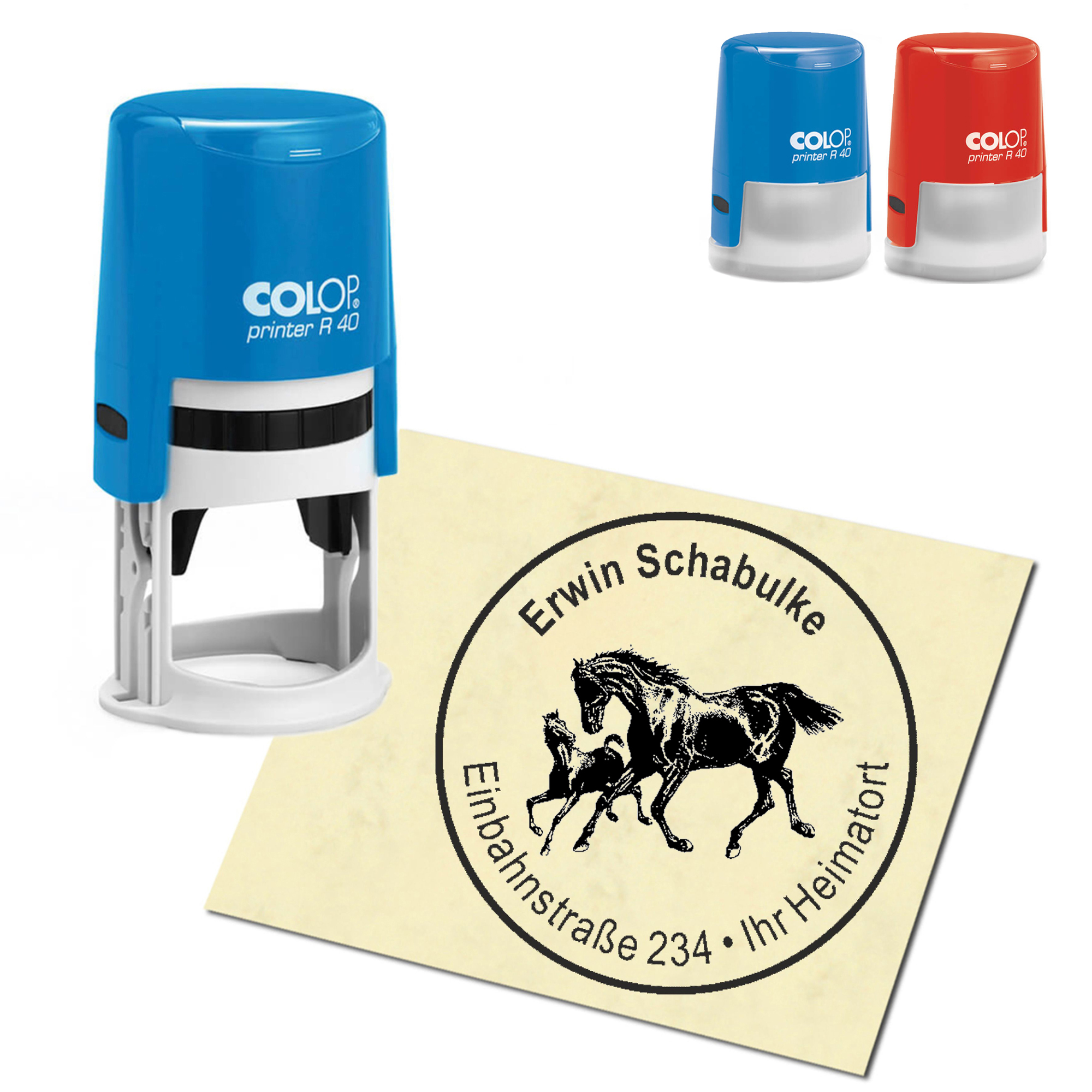 Stempel Adressstempel personalisiert - Pferde mit Fohlen - rund &empty; 40mm