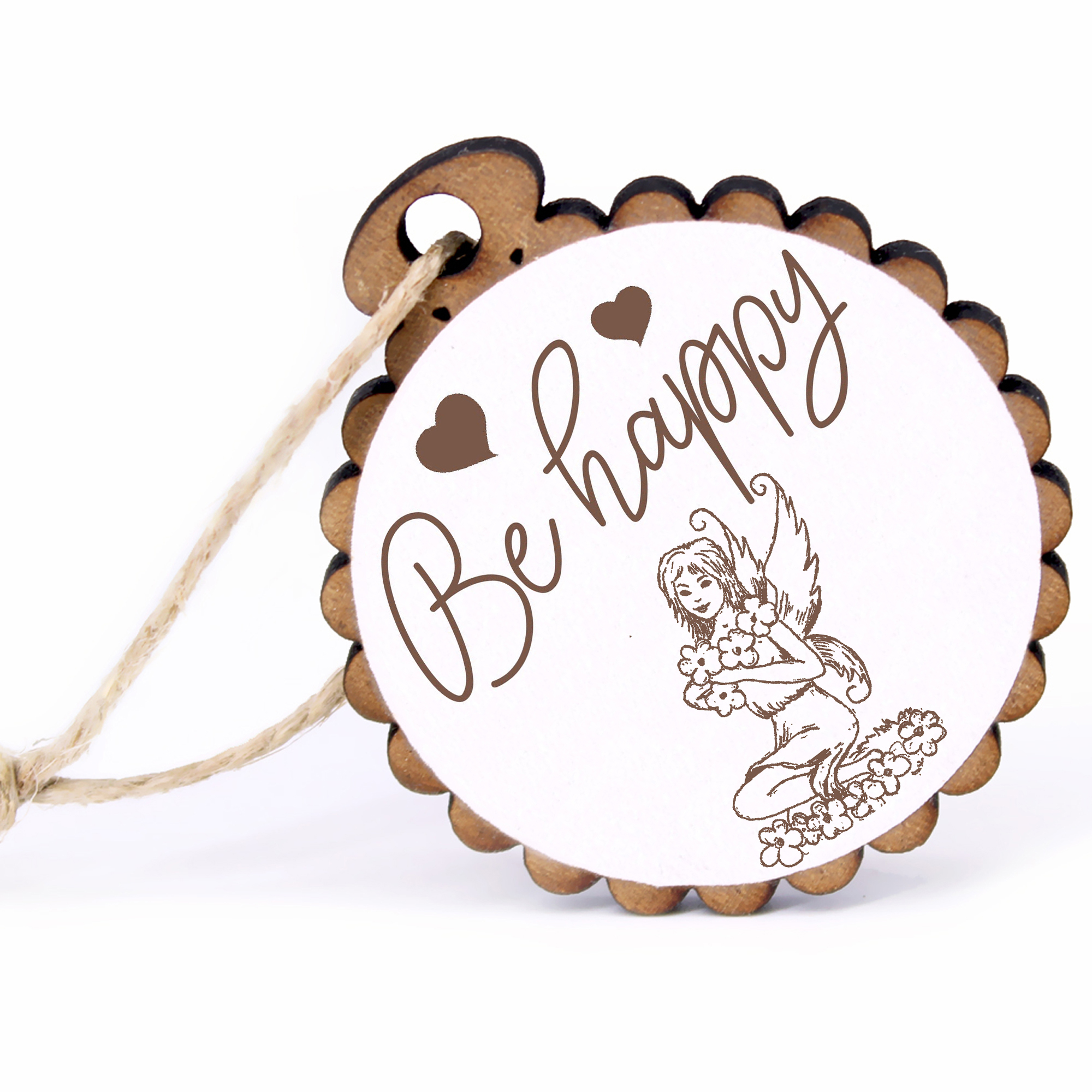 Geschenkanhänger - Be Happy Elfe -  Holz Ø-5cm - mit Juteband