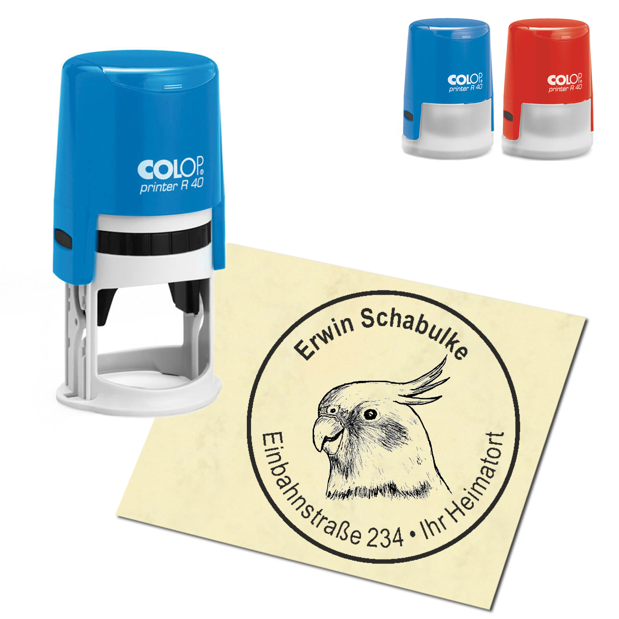 Stempel Adressstempel personalisiert - Nymphensittich - rund &empty; 40mm