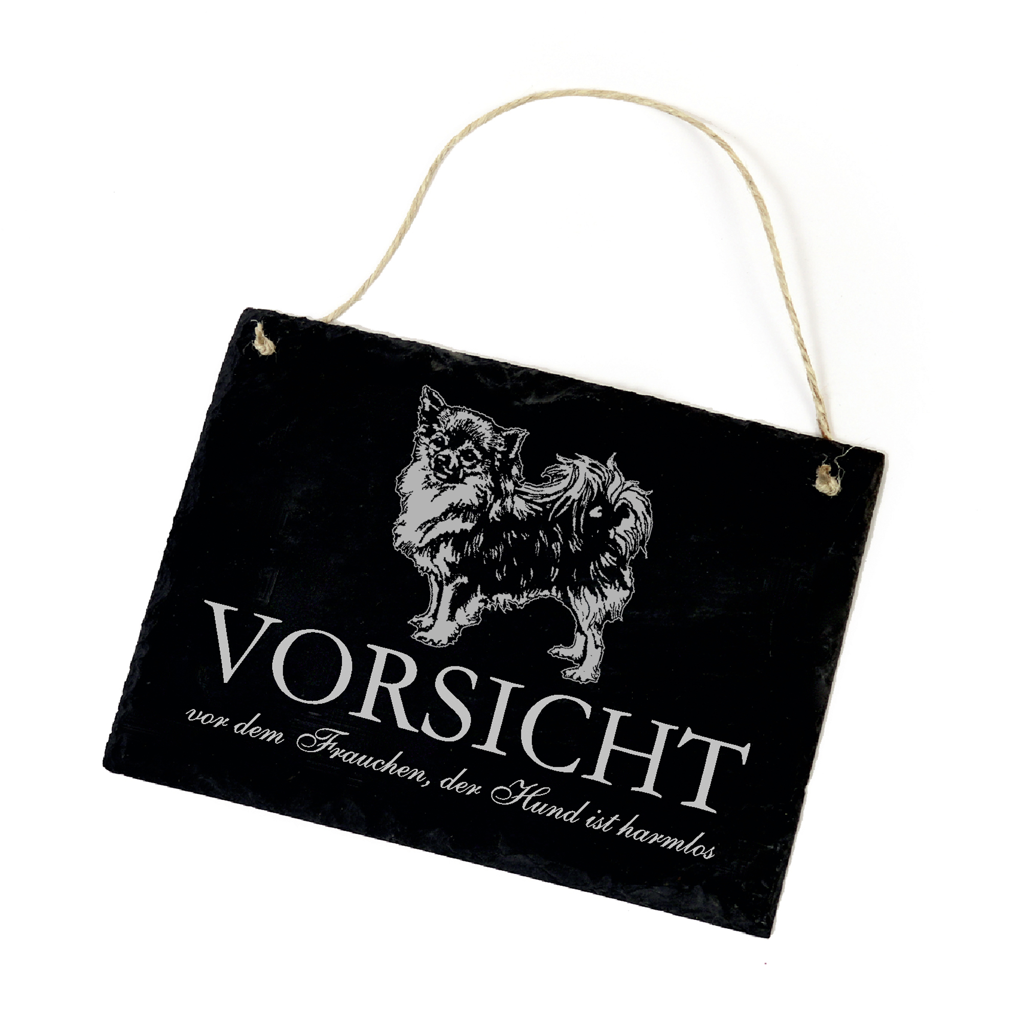 Hundeschild Chihuahua Langhaar Schild aus Schiefer - Vorsicht vor dem Frauchen - 22cm x 16cm