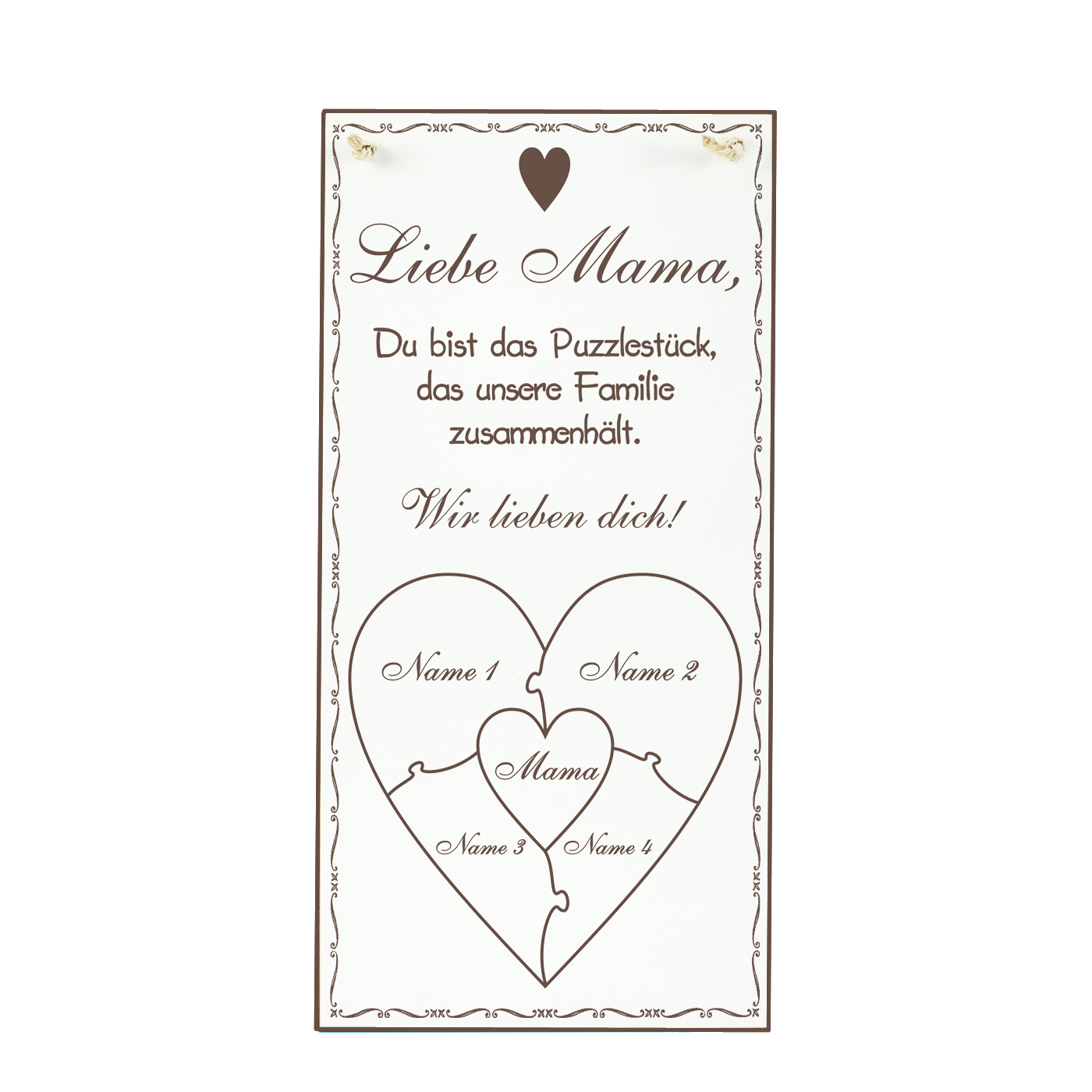 Personalisiertes Holzschild Muttertag - mit 4 Namen der Kinder - Puzzle Herz Motiv 10 x 20 cm