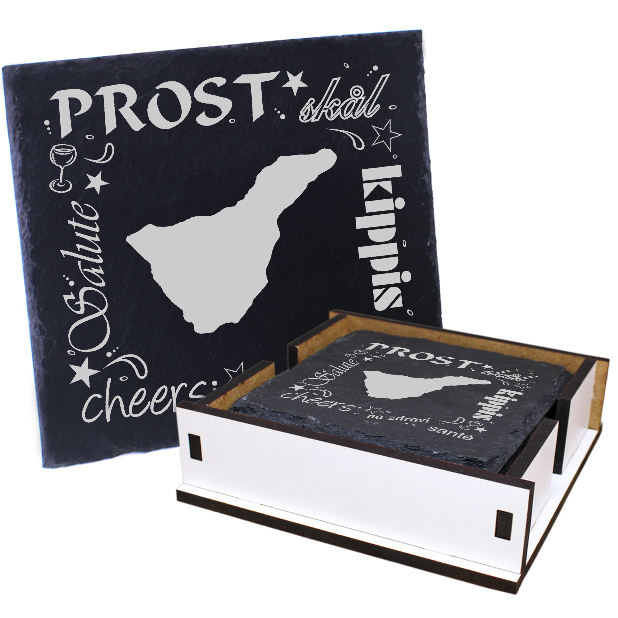 5 x Schiefer Untersetzer - Prost Insel Teneriffa - inkl. Holzbox & Flaschenuntersetzer