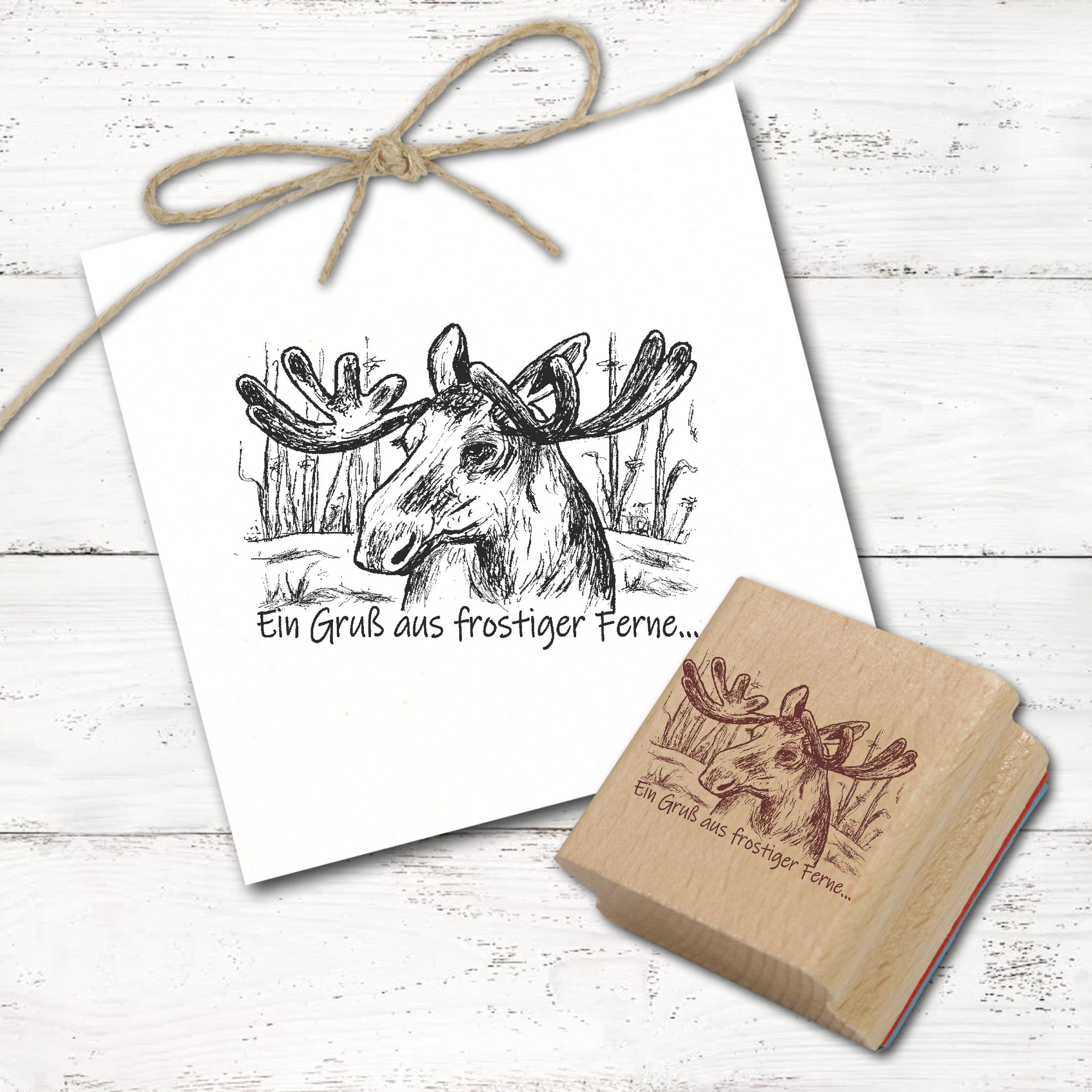 Motivstempel Elch - Ein Gruß aus frostiger Ferne - Stempel Holzstempel 68 mm x 48 mm
