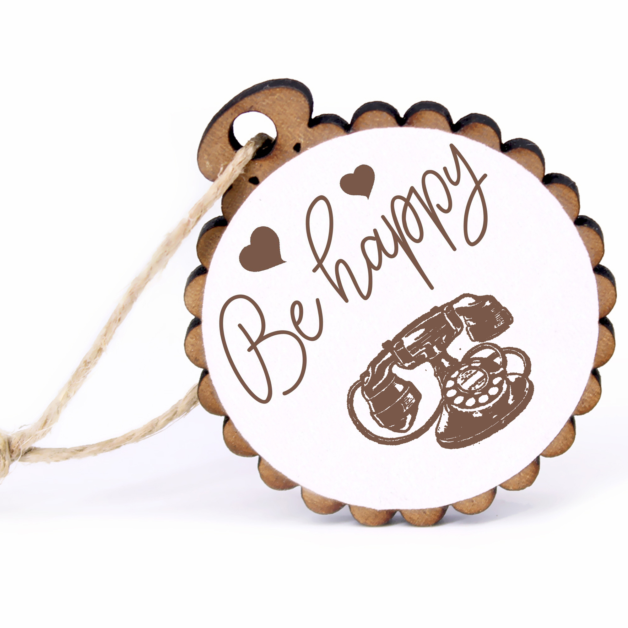 Geschenkanhänger - Be Happy altes Telefon -  Holz Ø-5cm - mit Juteband
