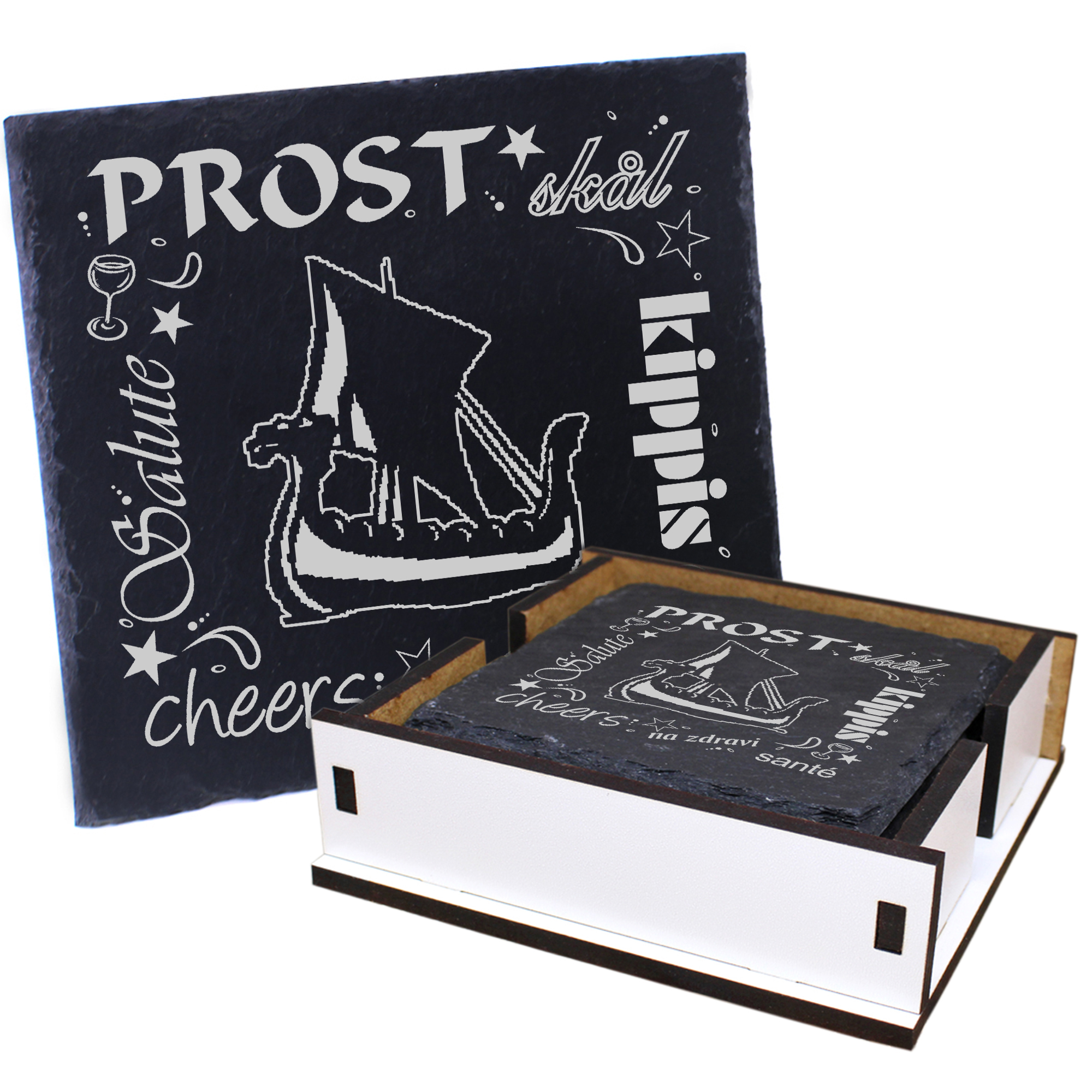 5 x Schiefer Untersetzer - Prost Wikingerschiff - inkl. Holzbox & Flaschenuntersetzer