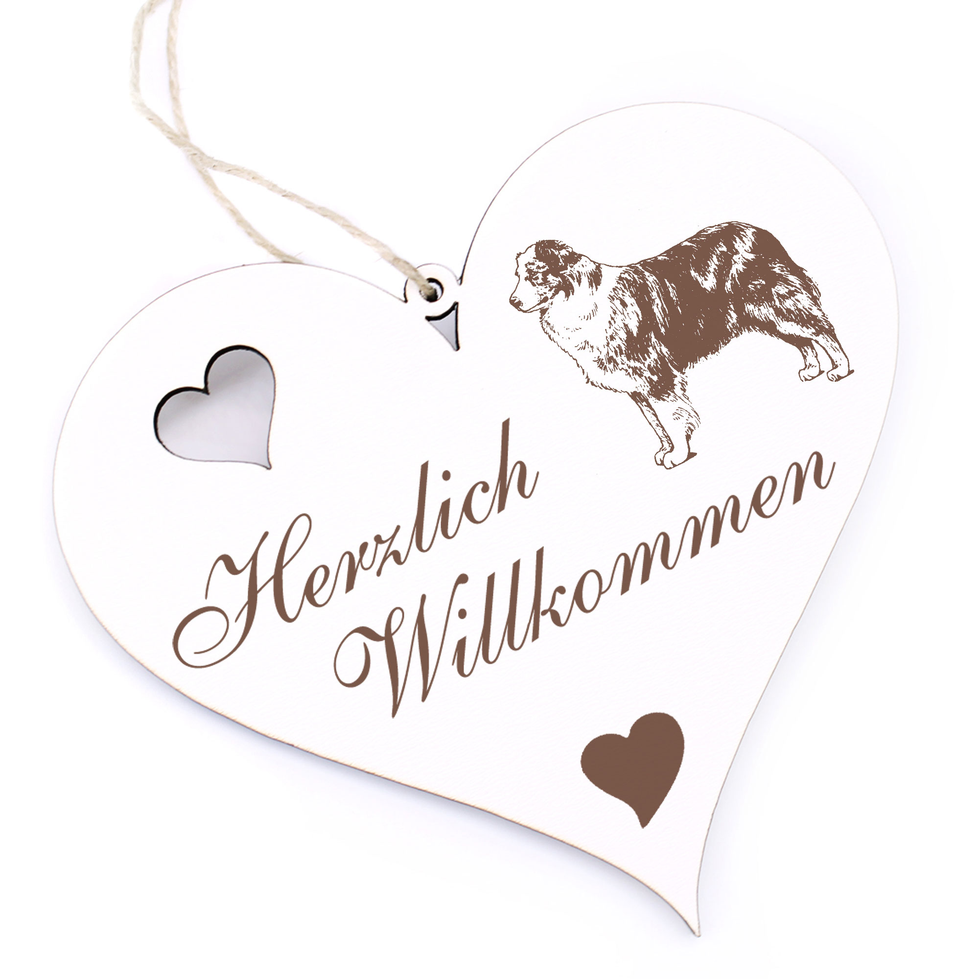 Herzlich Willkommen Schild - Australian Shepherd - Deko Herz Holz