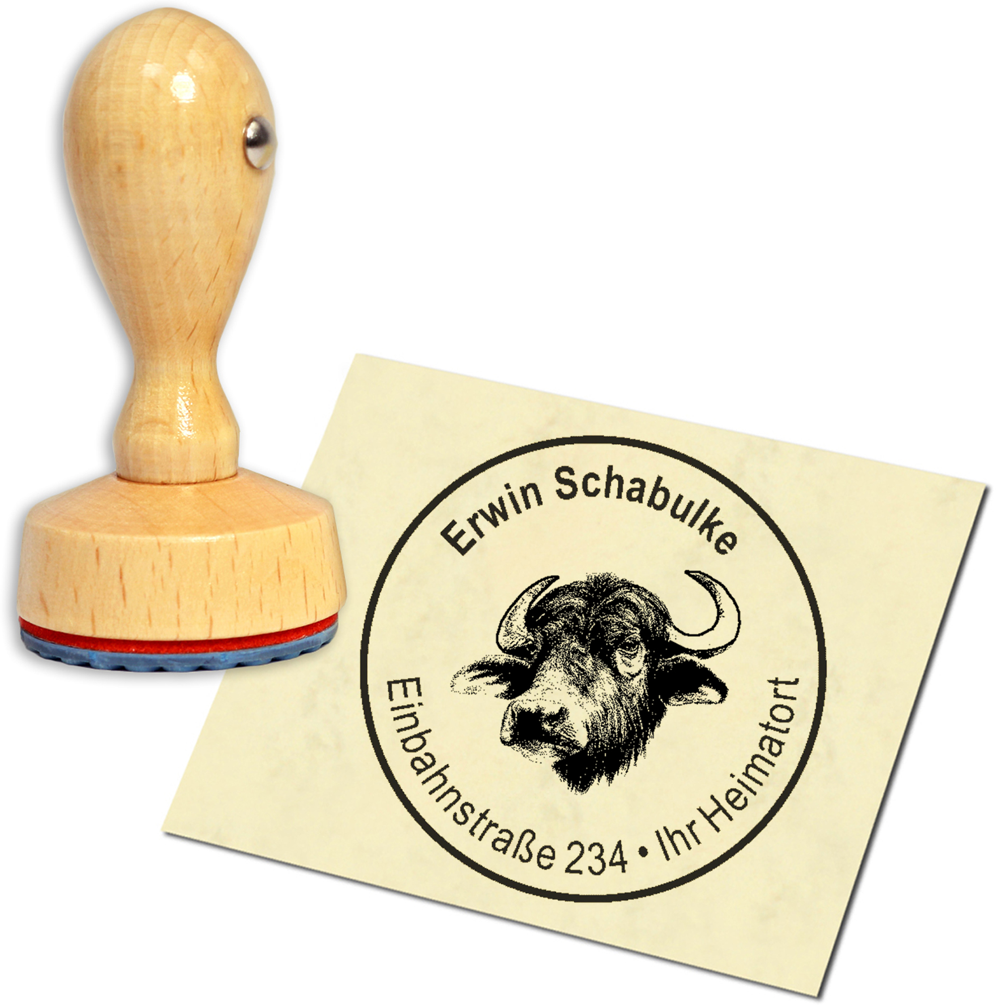 Stempel Adressstempel Holzstempel - Wasserbüffel Kopf - rund 40mm