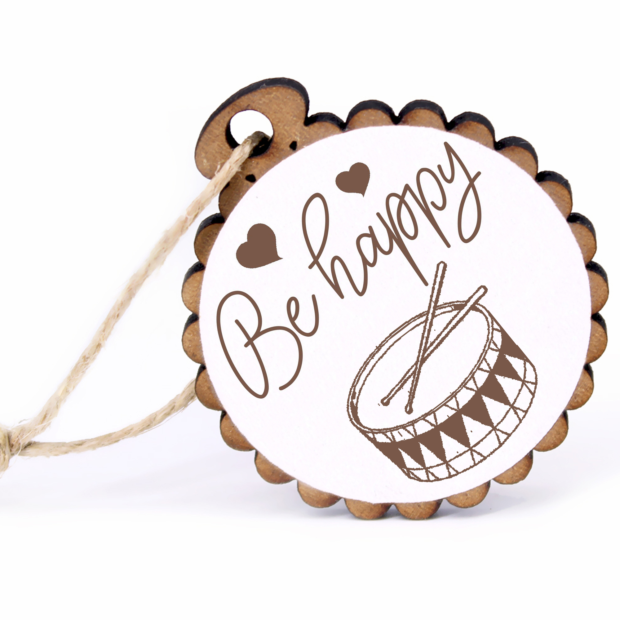 Geschenkanhänger - Be Happy Trommel -  Holz Ø-5cm - mit Juteband
