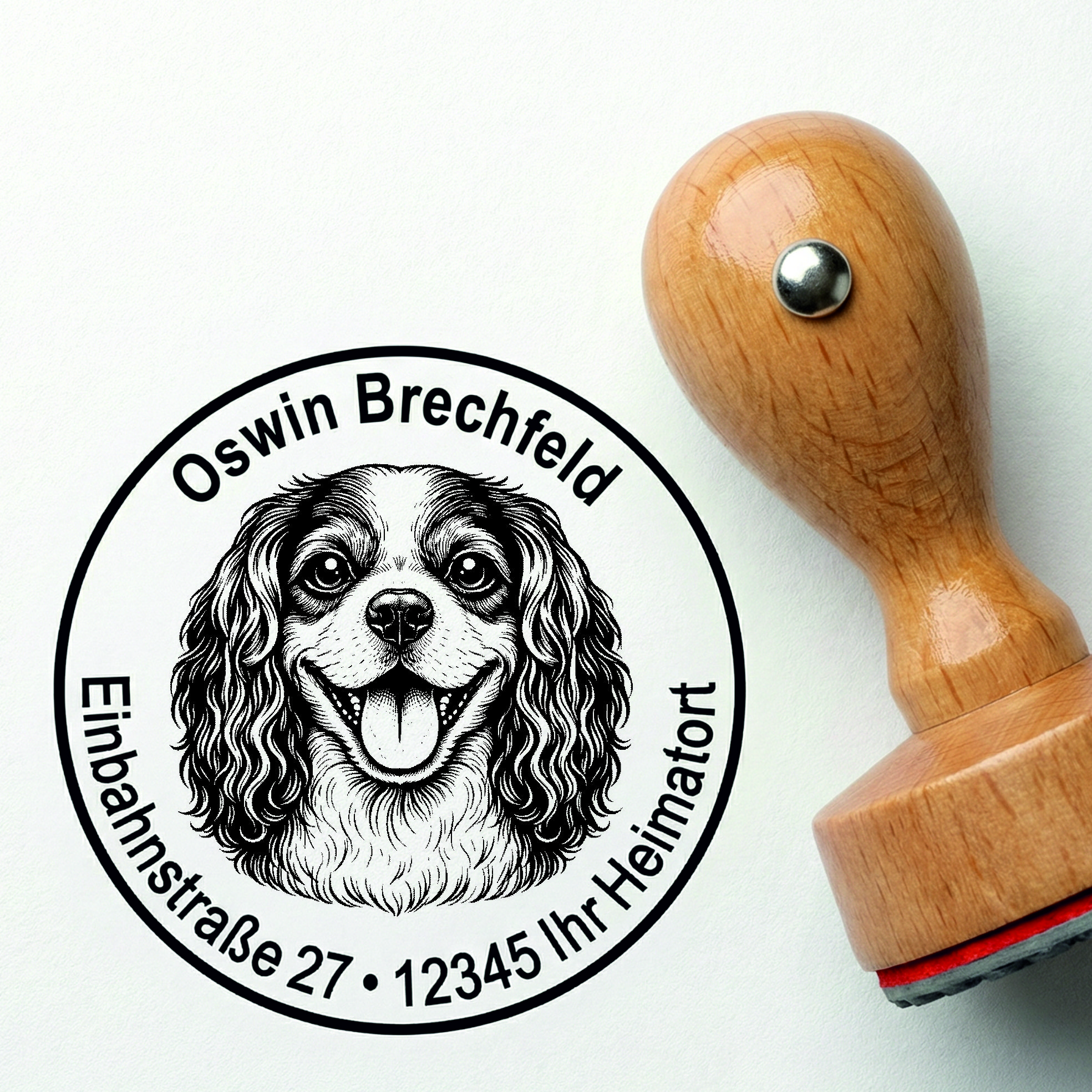 Stempel Cavalier King Charles Spaniel personalisiert – Hund Holzstempel mit Name & Adresse