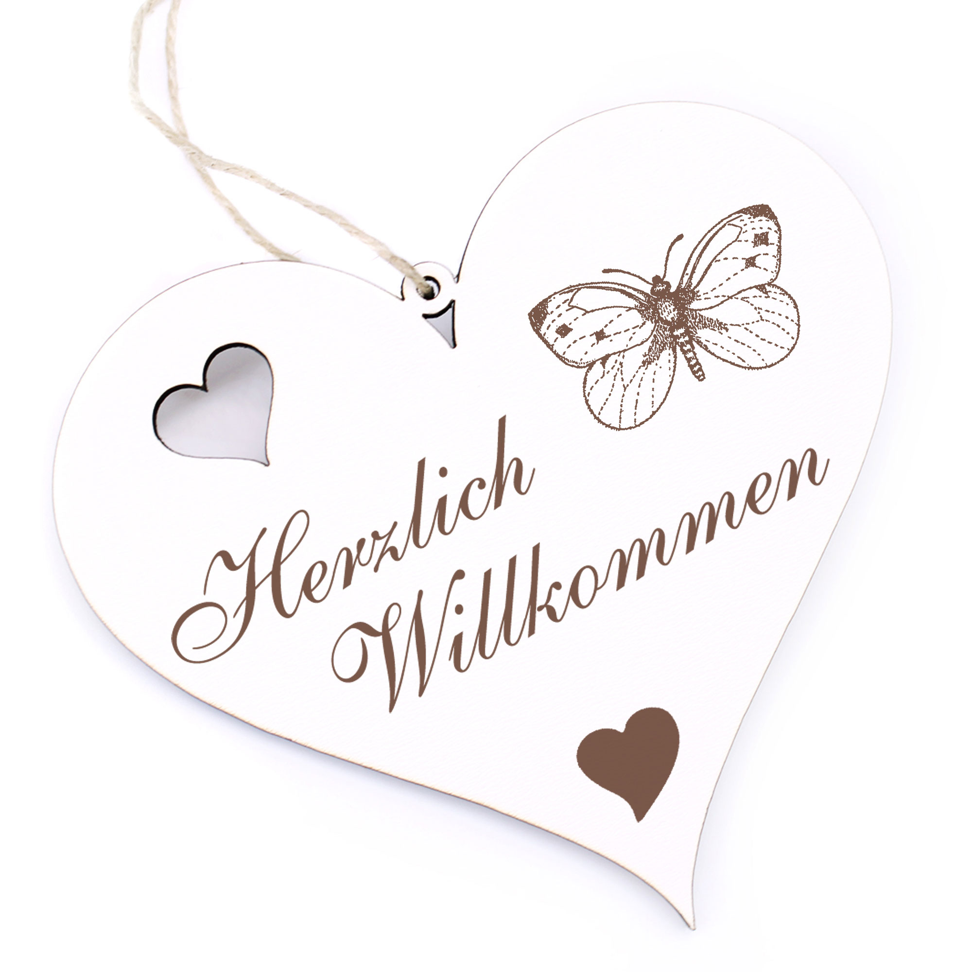 Herzlich Willkommen Schild - Schmetterling - Deko Herz Holz