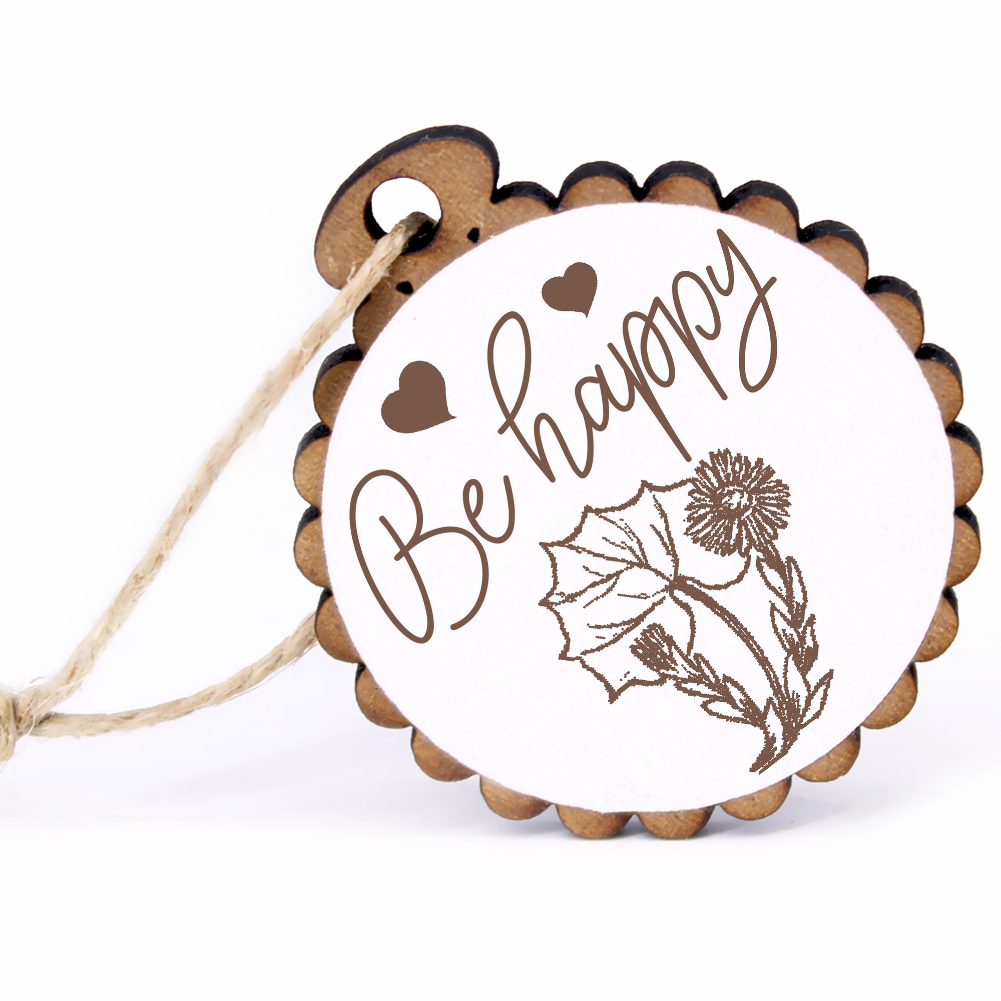 Geschenkanhänger - Be Happy Huflattich -  Holz Ø-5cm - mit Juteband