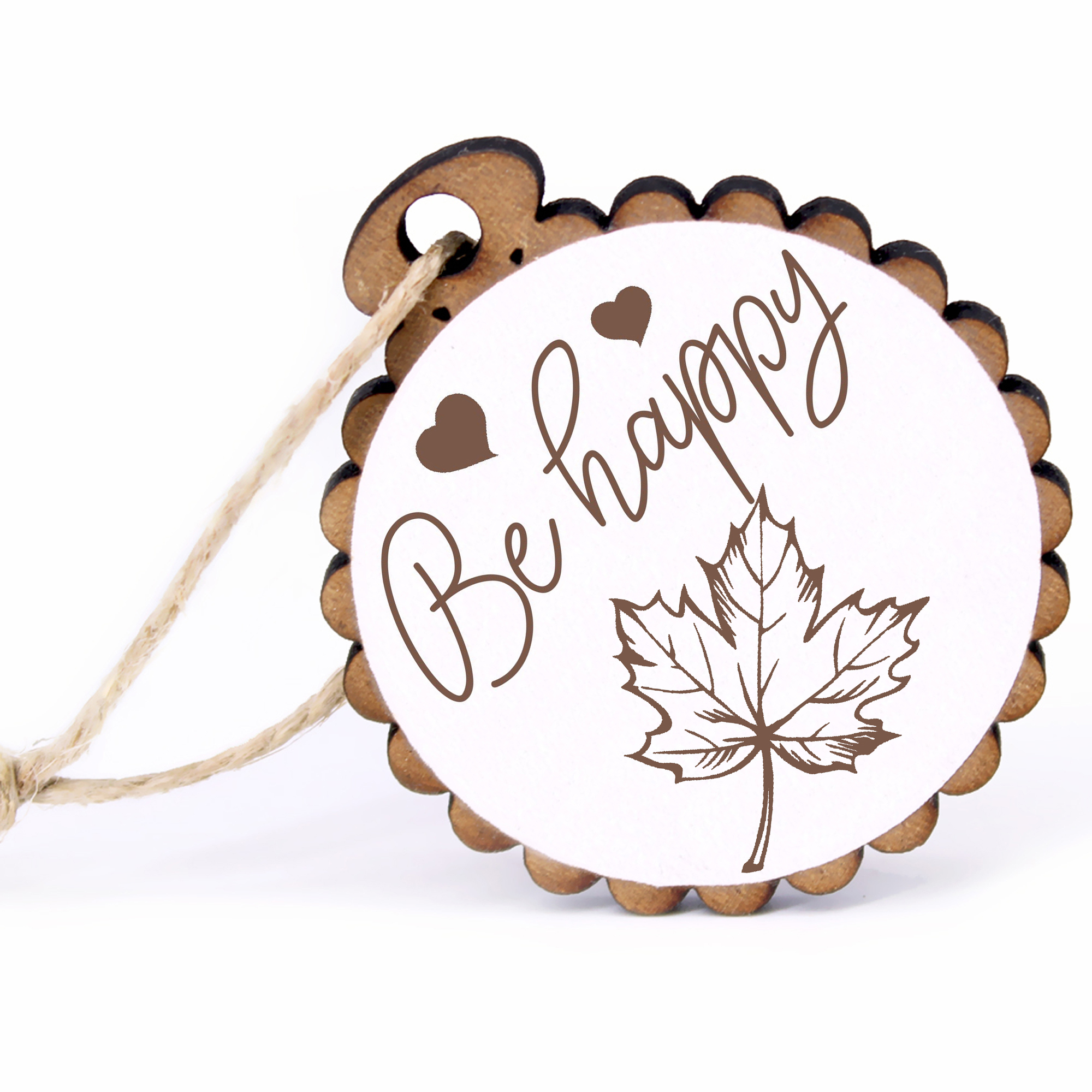 Geschenkanhänger - Be Happy Eichenblatt -  Holz Ø-5cm - mit Juteband