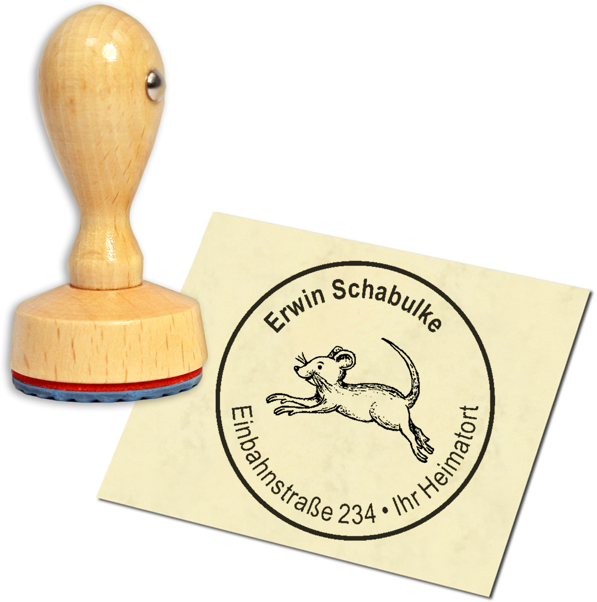 Stempel Adressstempel Holzstempel - springende Maus - rund 40mm