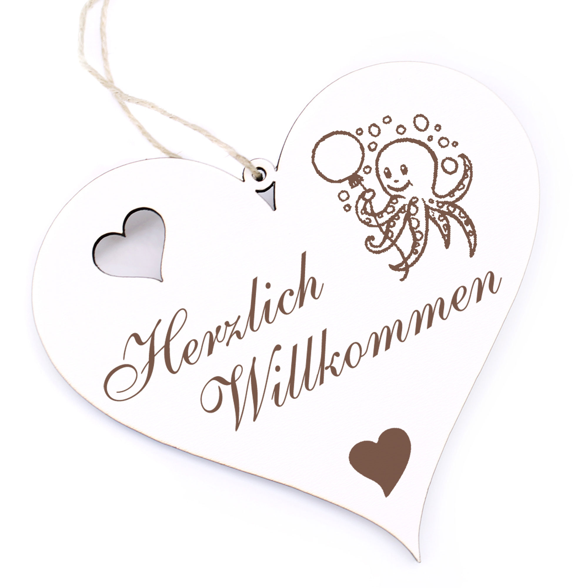 Herzlich Willkommen Schild - niedliche Krake mit Ballon - Deko Herz Holz