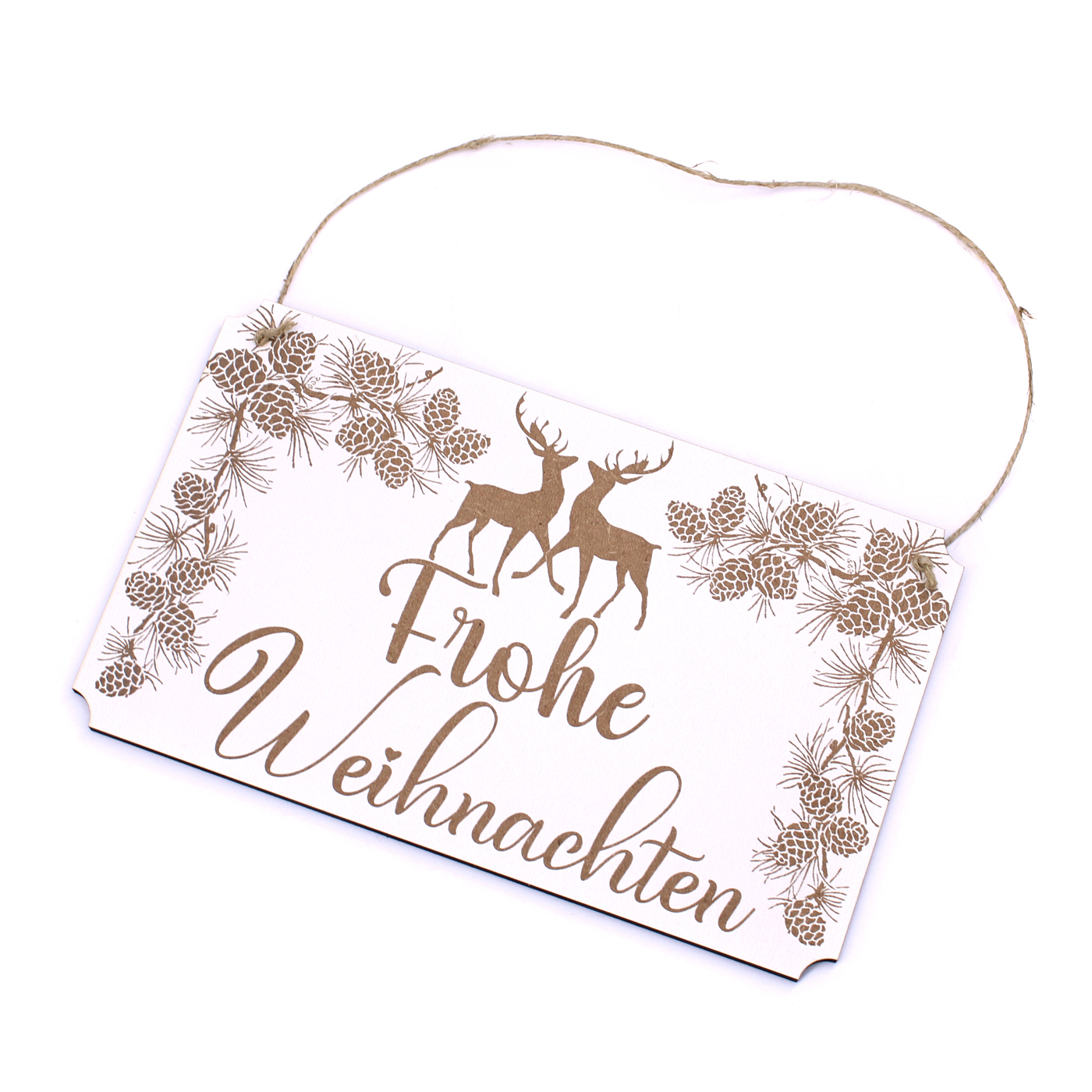 Schild Frohe Weihnachten - mit Motiv Hirsche und Zapfen - Dekoschild Türschild Türdeko