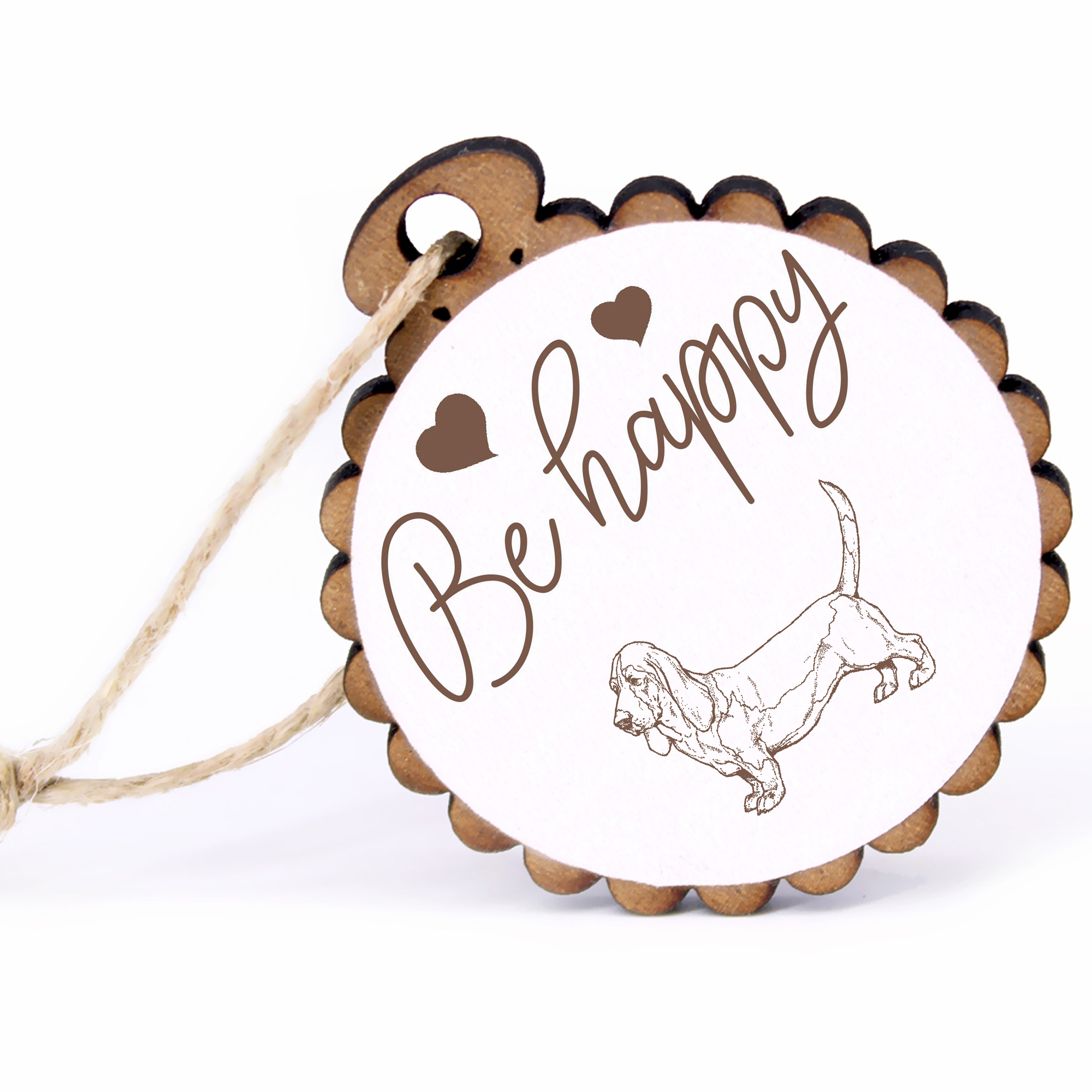 Geschenkanhänger - Be Happy Basset Hound -  Holz Ø-5cm - mit Juteband