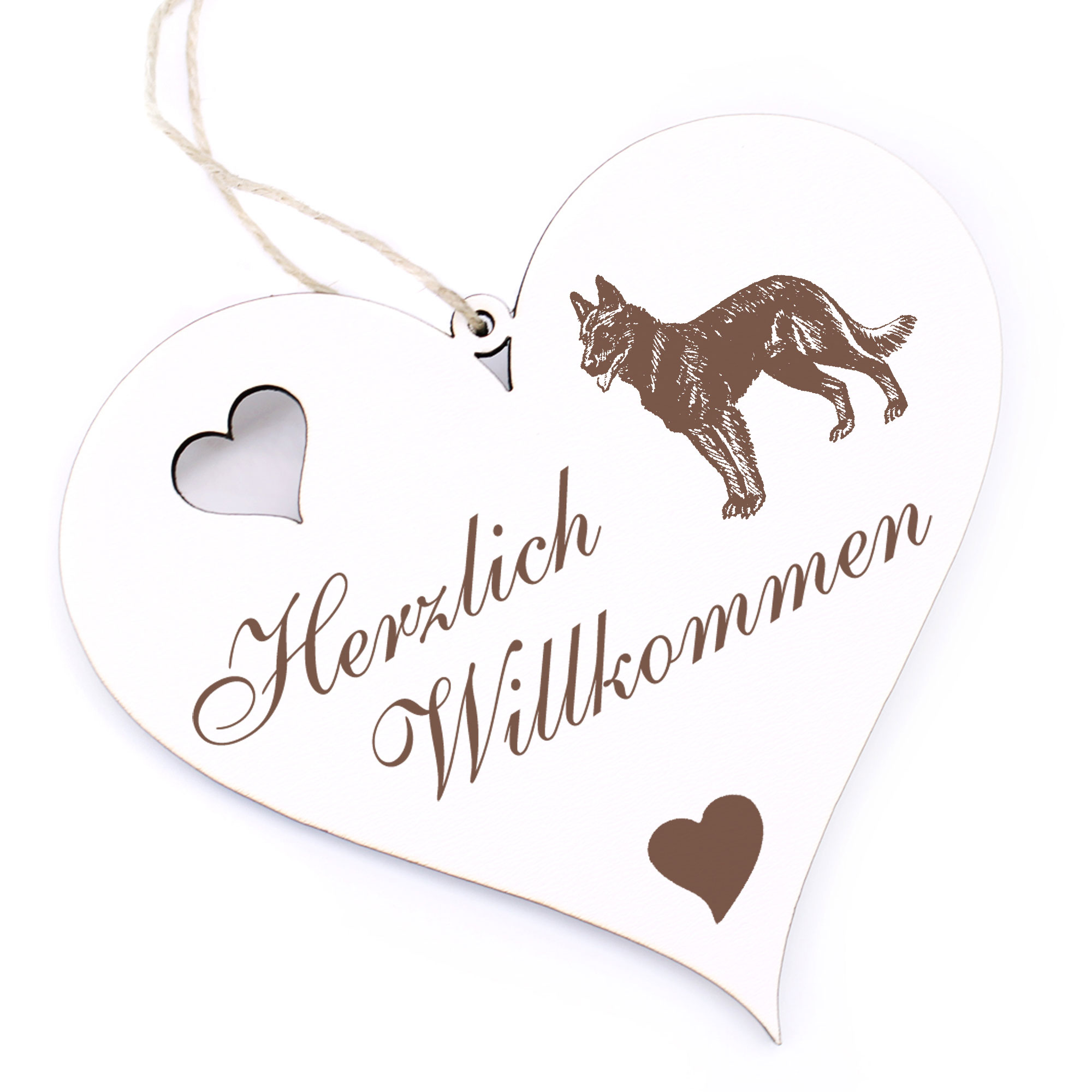 Herzlich Willkommen Schild - belgischer Schäferhund Malinois - Deko Herz Holz