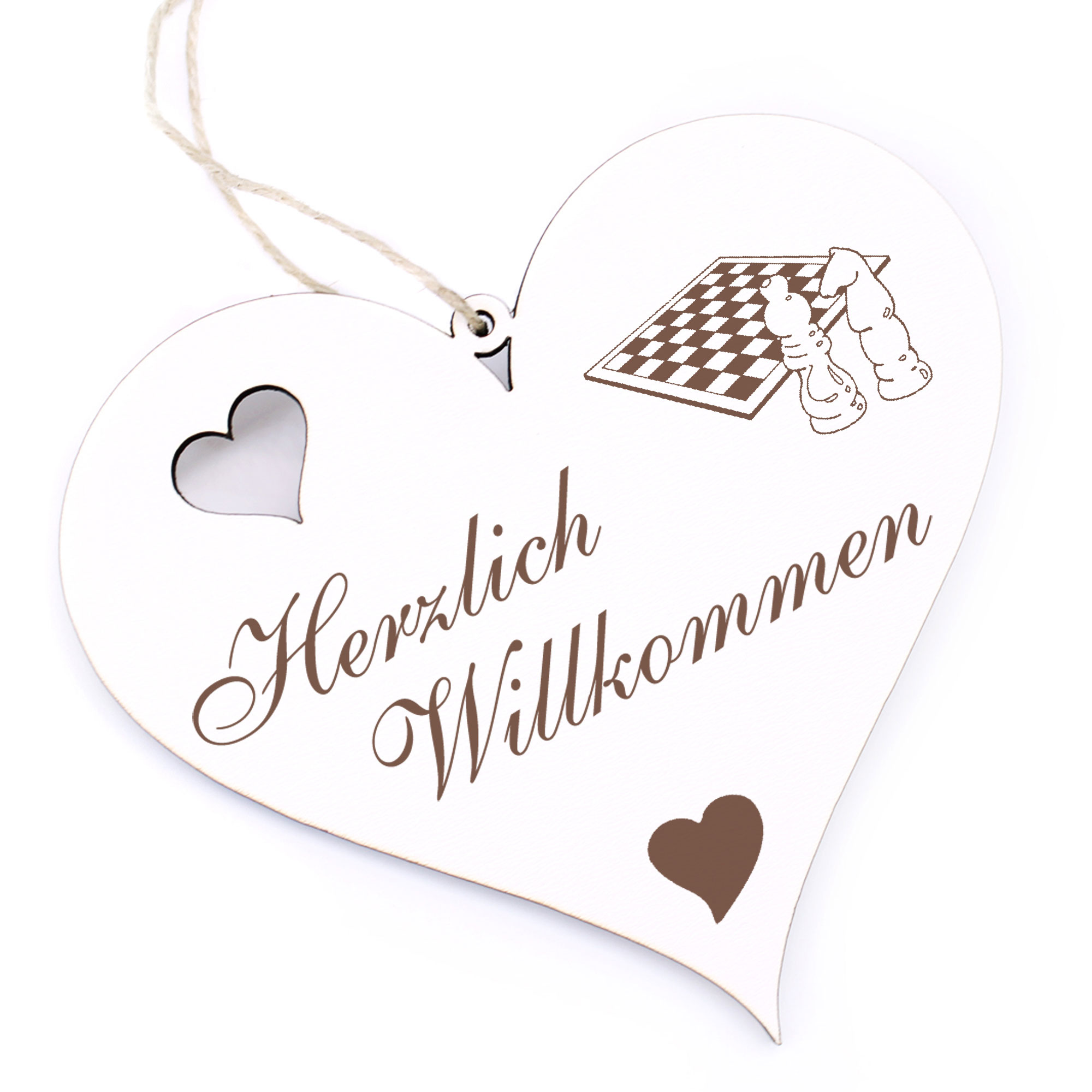 Herzlich Willkommen Schild - Schach - Deko Herz Holz