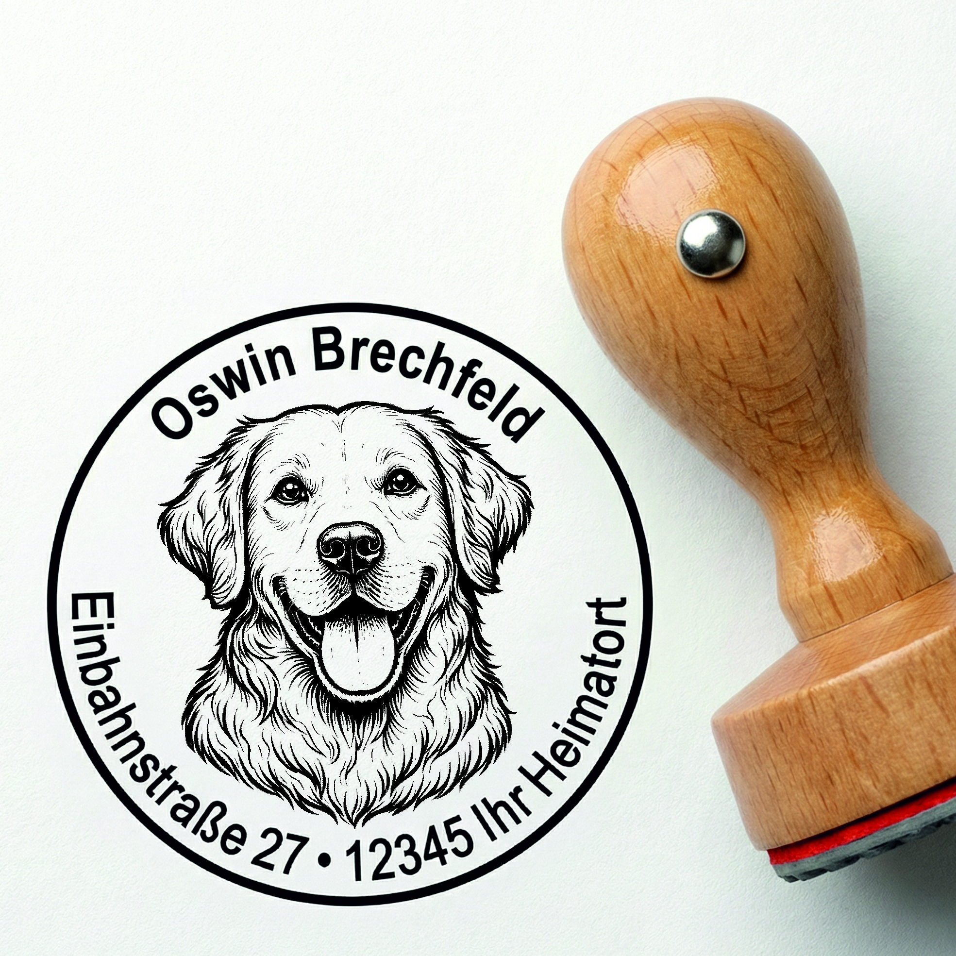 Stempel Golden Retriever personalisiert – Hund Holzstempel mit Name & Adresse