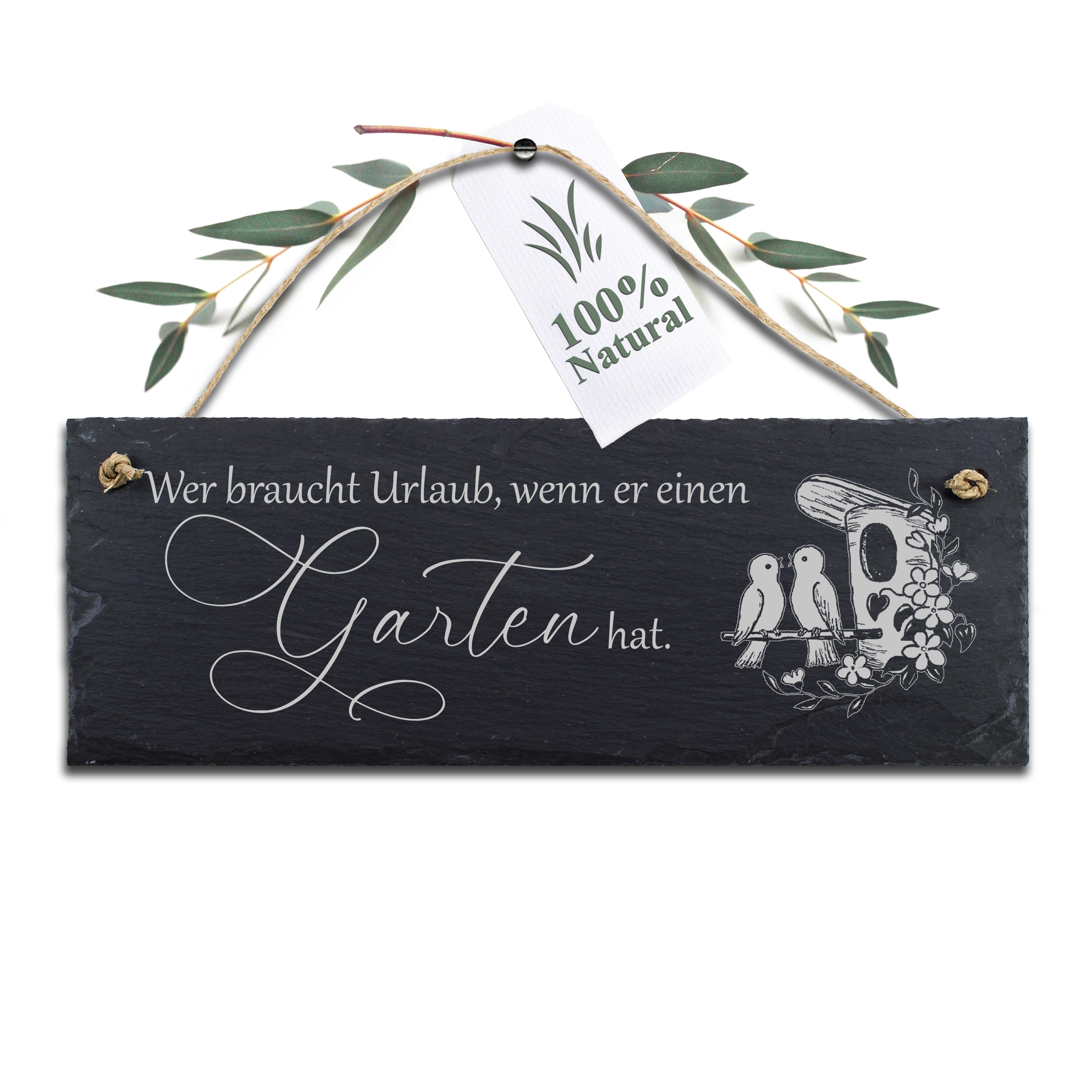 Schiefer Gartenschild Wer braucht Urlaub, wenn er einen Garten hat – Türschild Garten Gartendeko  - 22 x 8 cm