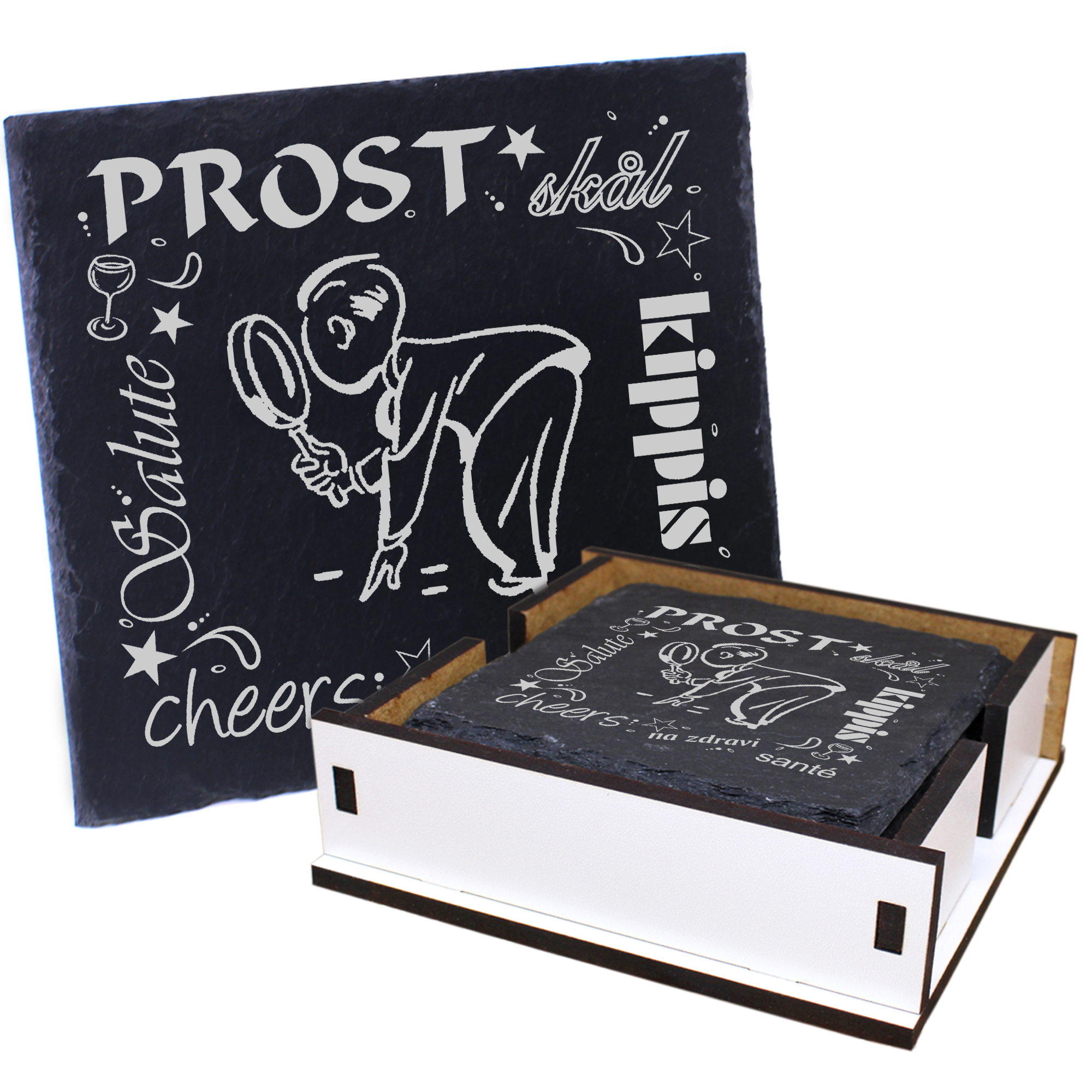 5 x Schiefer Untersetzer - Prost Detektiv - inkl. Holzbox & Flaschenuntersetzer