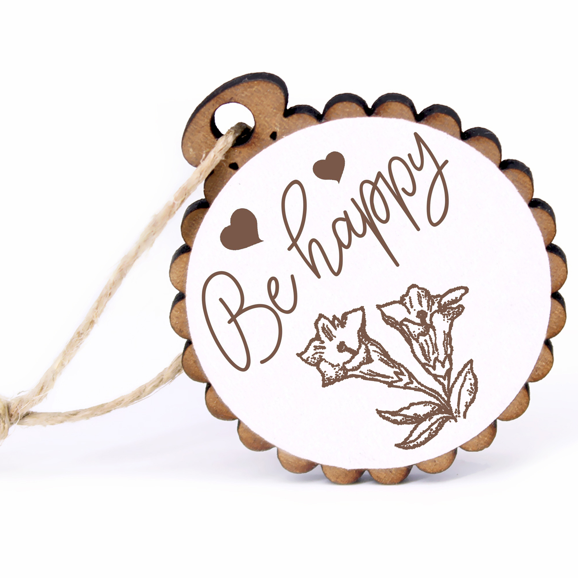 Geschenkanhänger - Be Happy Enzian -  Holz Ø-5cm - mit Juteband