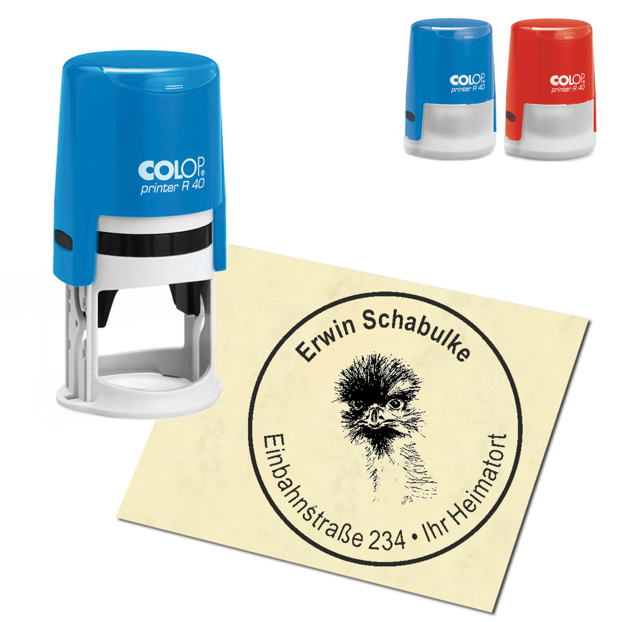 Stempel Adressstempel personalisiert - Großer Emu - rund &empty; 40mm