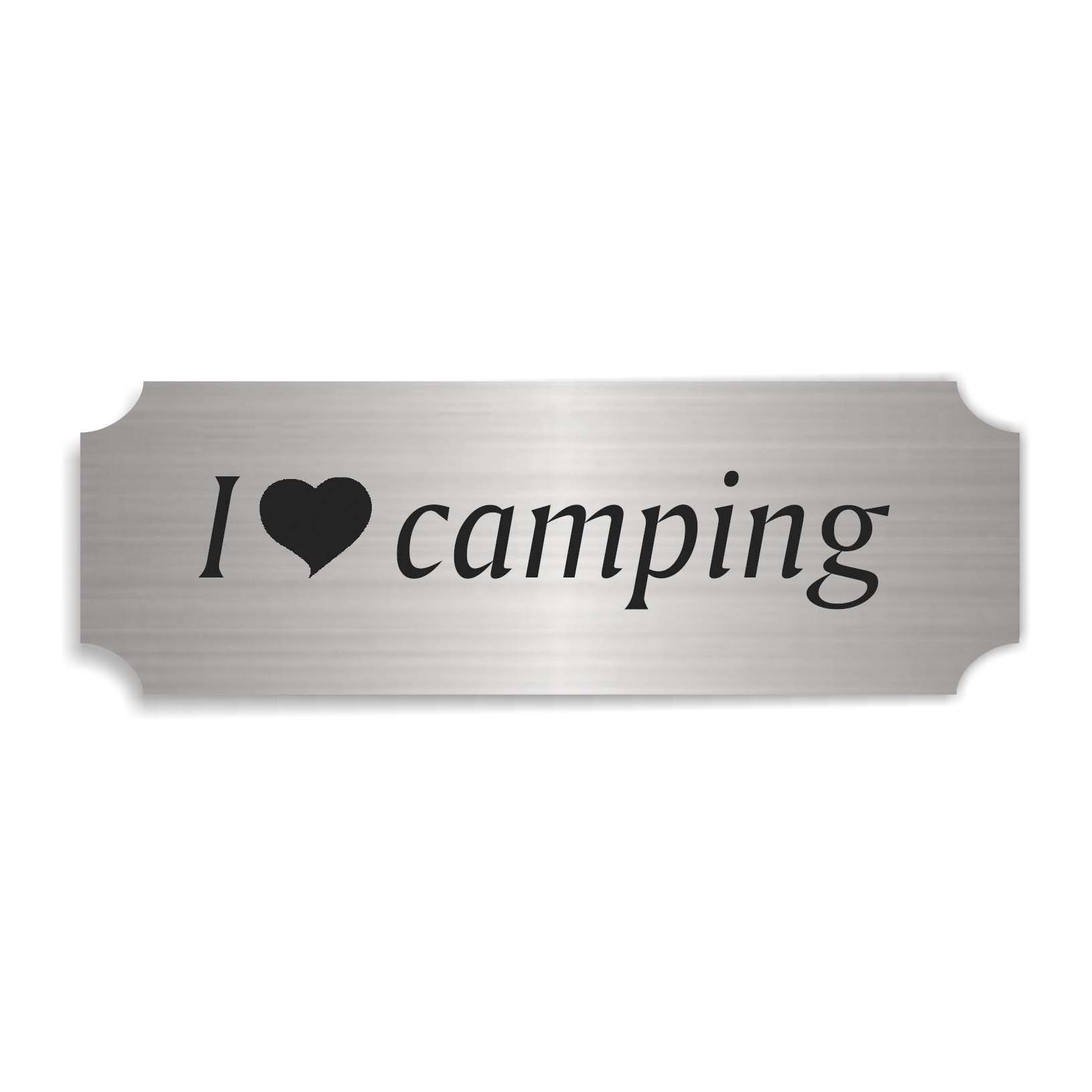Schild « I LOVE CAMPING » selbstklebend - Aluminium Look - silber