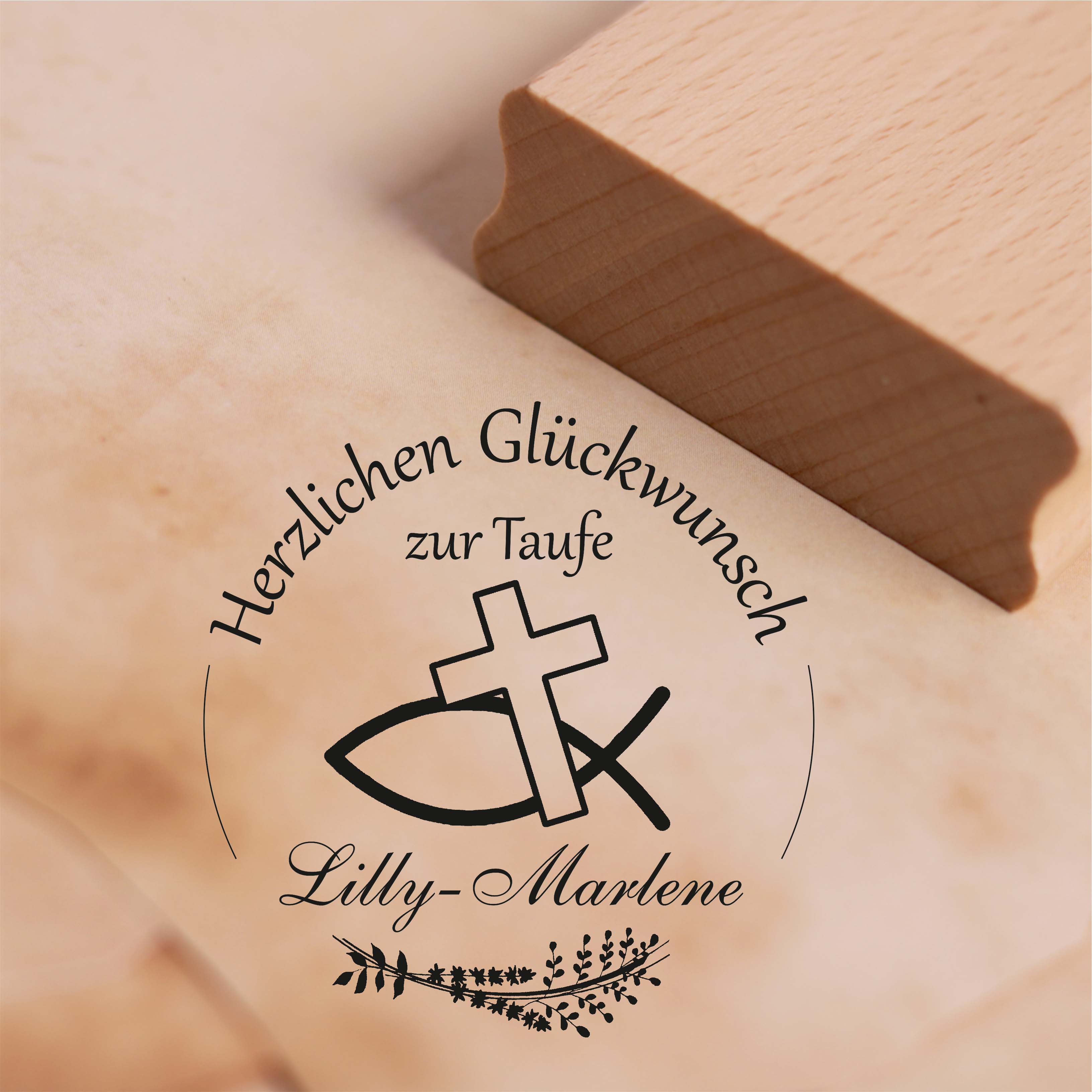 Stempel Herzlichen Glückwunsch zur Taufe - mit Name - Motiv Christenfisch Kreuz Motivstempel 38 x 38