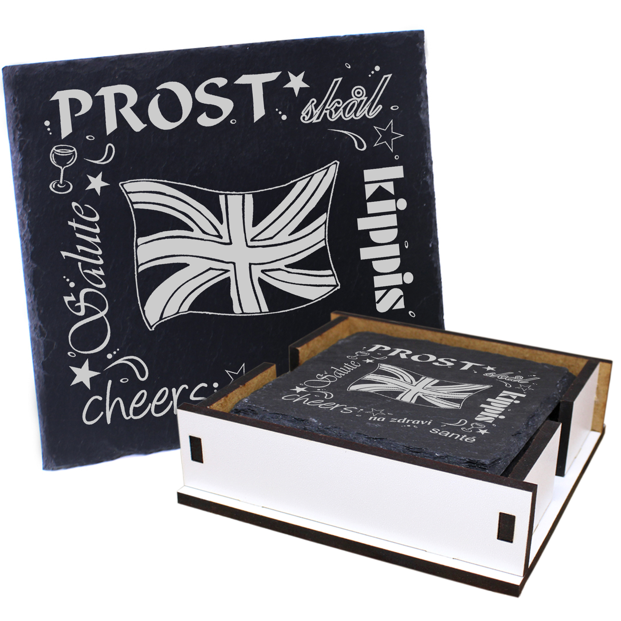 5 x Schiefer Untersetzer - Prost Fahne England - inkl. Holzbox & Flaschenuntersetzer