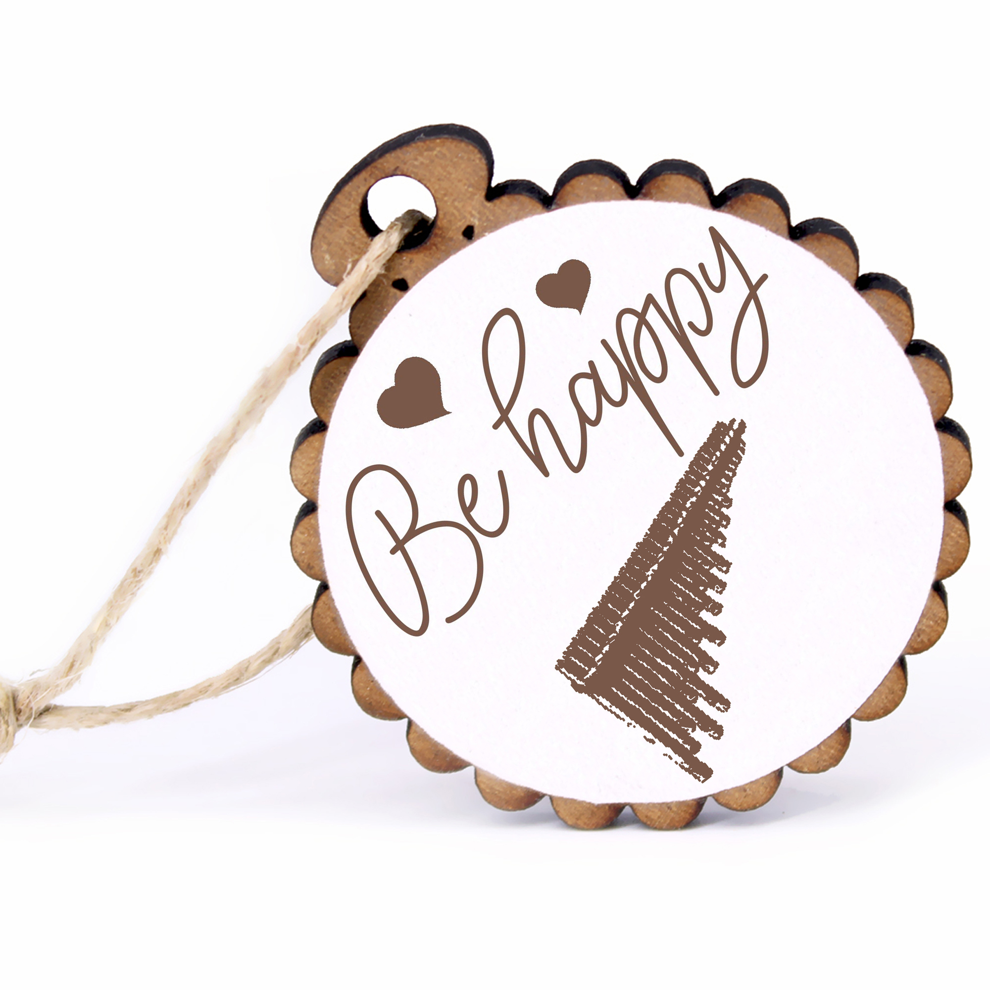 Geschenkanhänger - Be Happy Panflöte -  Holz Ø-5cm - mit Juteband