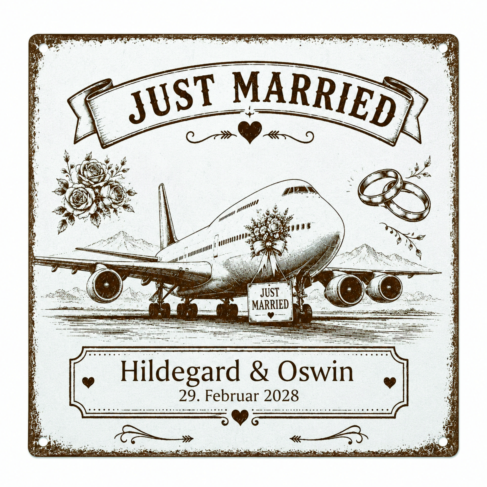 Personalisiertes Hochzeitsschild Flugzeug Flitterwochen Just Married - mit Namen und Datum - 15x15 cm