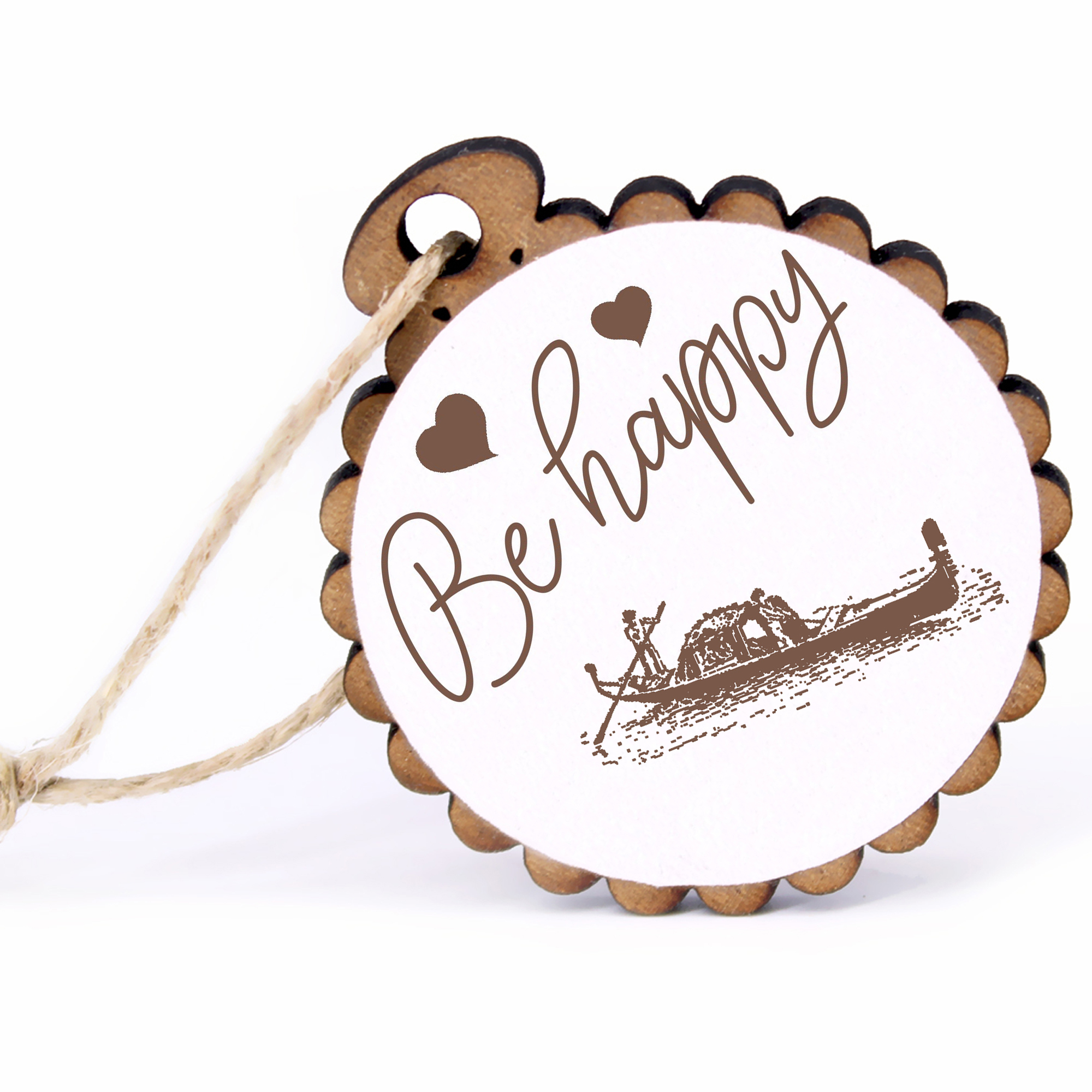 Geschenkanhänger - Be Happy Gondel  -  Holz Ø-5cm - mit Juteband