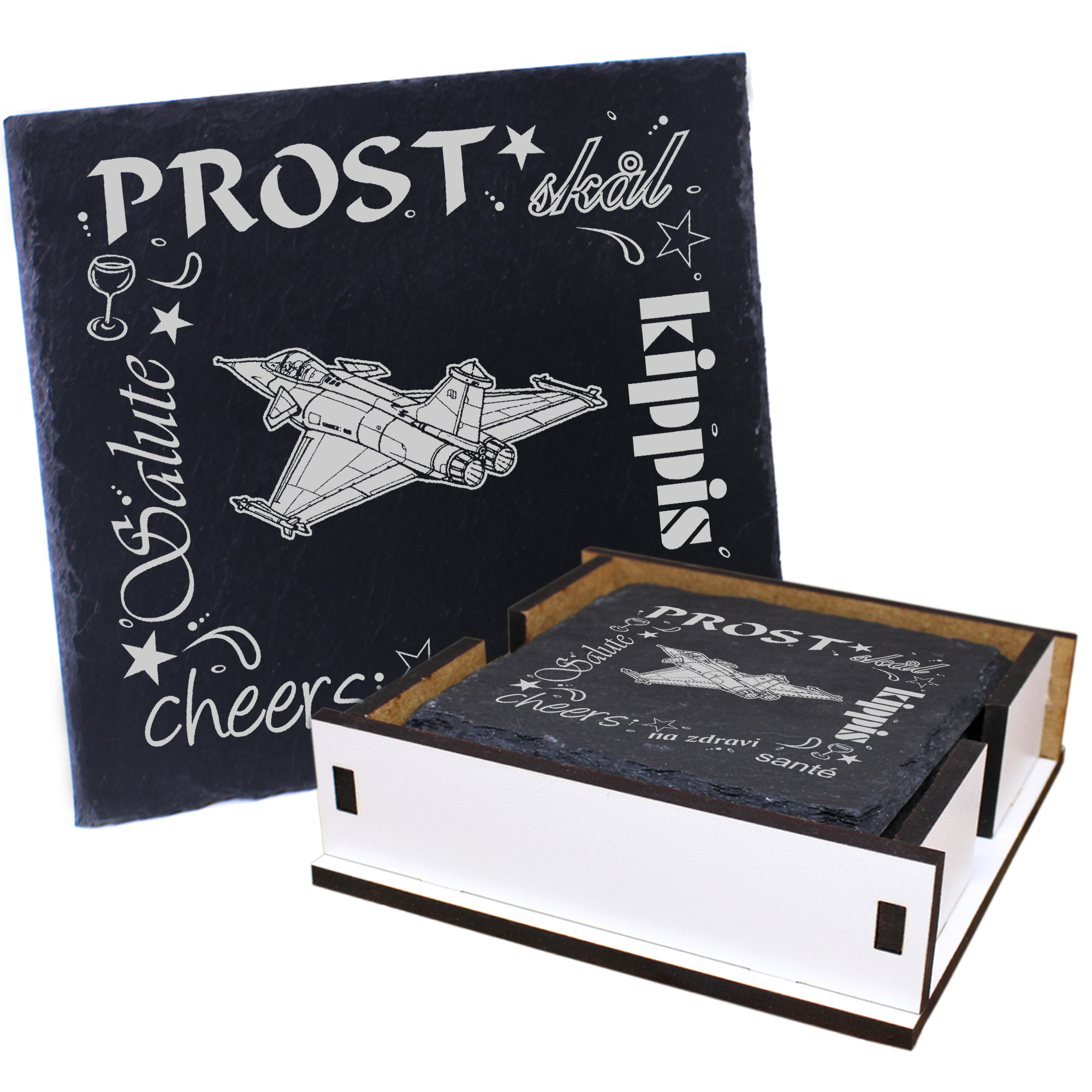 5 x Schiefer Untersetzer - Prost Düsenjet - inkl. Holzbox & Flaschenuntersetzer
