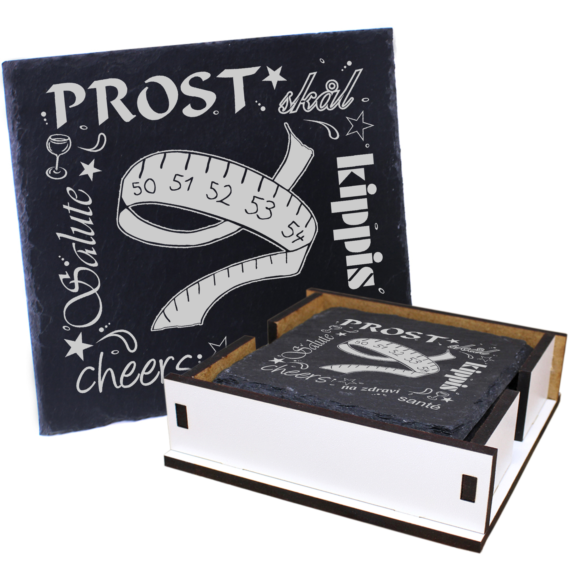 5 x Schiefer Untersetzer - Prost Maßband - inkl. Holzbox & Flaschenuntersetzer
