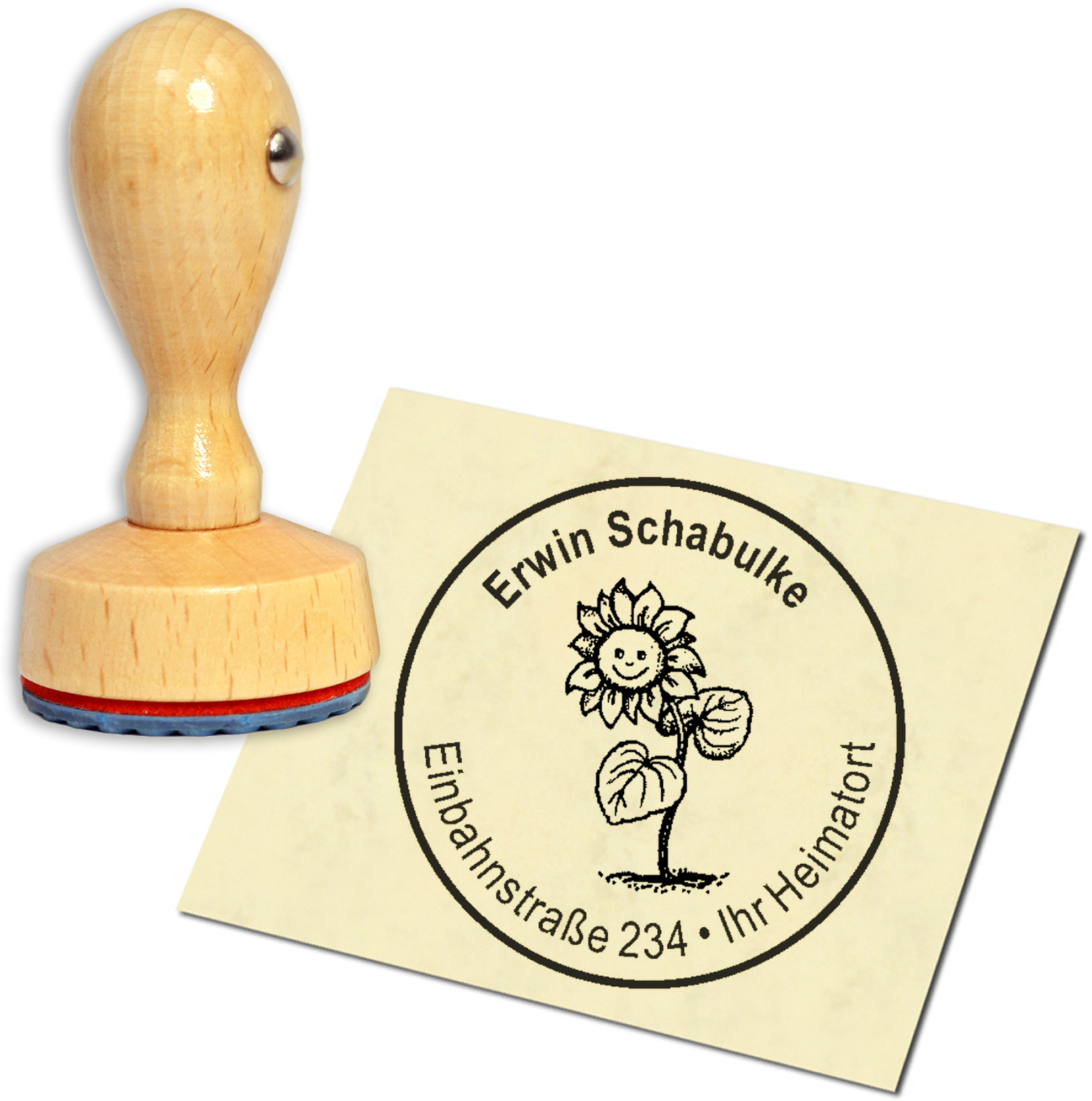 Stempel Adressstempel Holzstempel - lustige Sonnenblume - rund 40mm