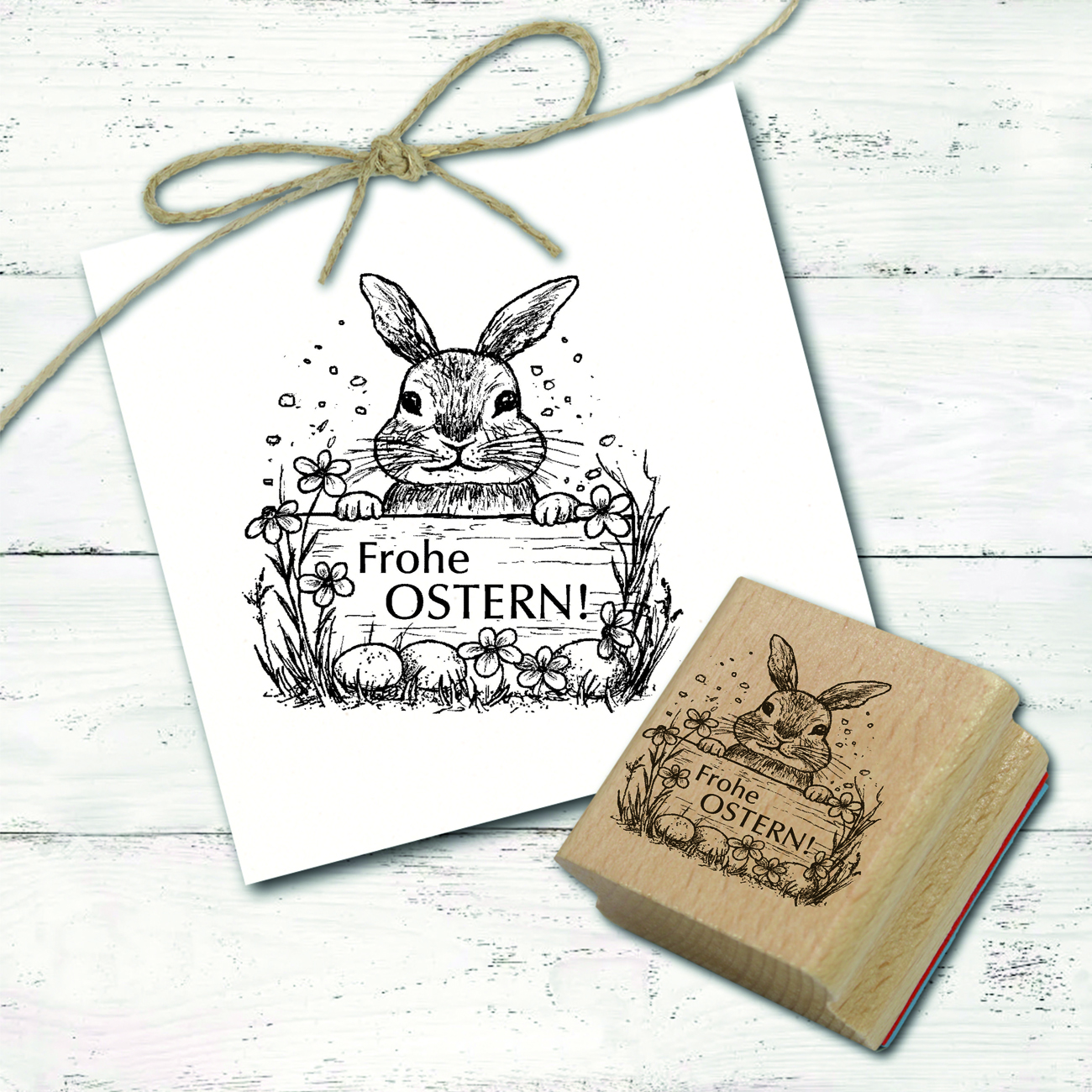 Motivstempel Osterhase mit Schild Frohe Ostern - Stempel Holzstempel 68 x 68 mm